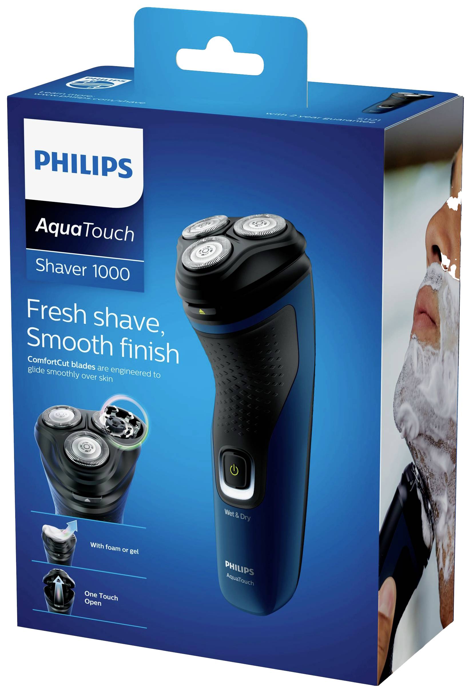 Elektryczny golarka Philips AquaTouch, model Shaver 1000, na opakowaniu z przedstawionym golarką i ogolonym mężczyzną.