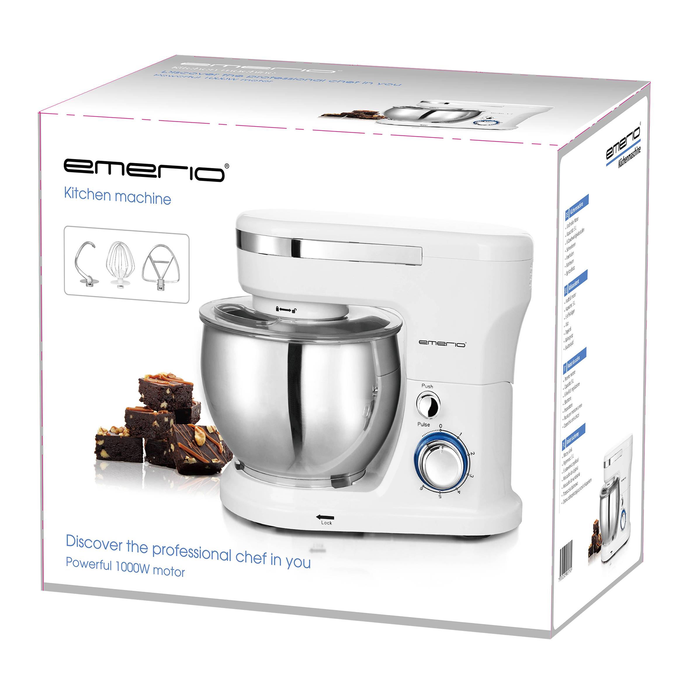 Biała maszyna kuchenna marki Emerio o mocy 1000W, przedstawiona na opakowaniu. Napis: 'Odkryj w sobie profesjonalnego szefa kuchni'.