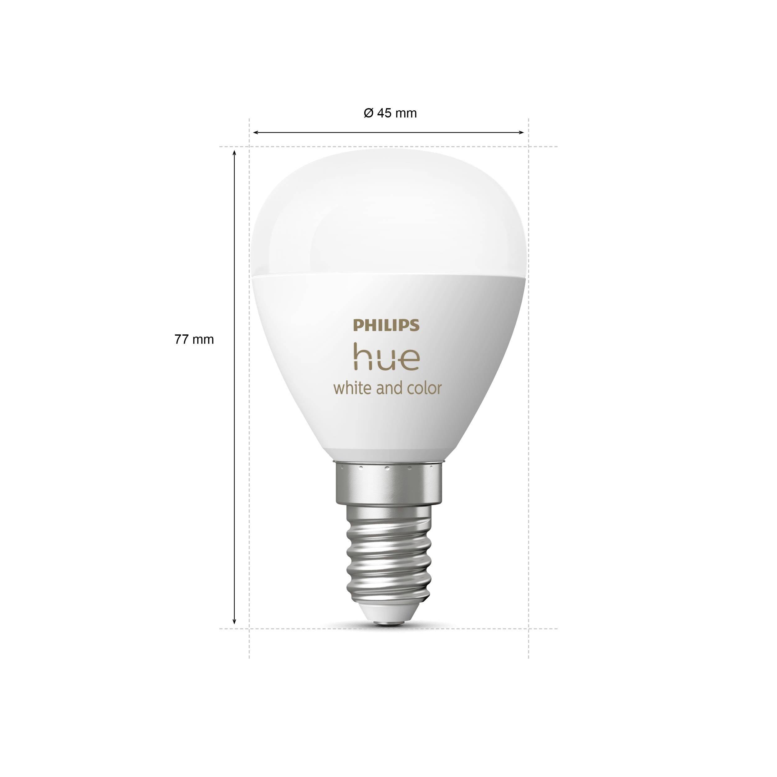 Żarówka LED E27 'Philips Hue White and Color', wysokość 77 mm, średnica 45 mm.
