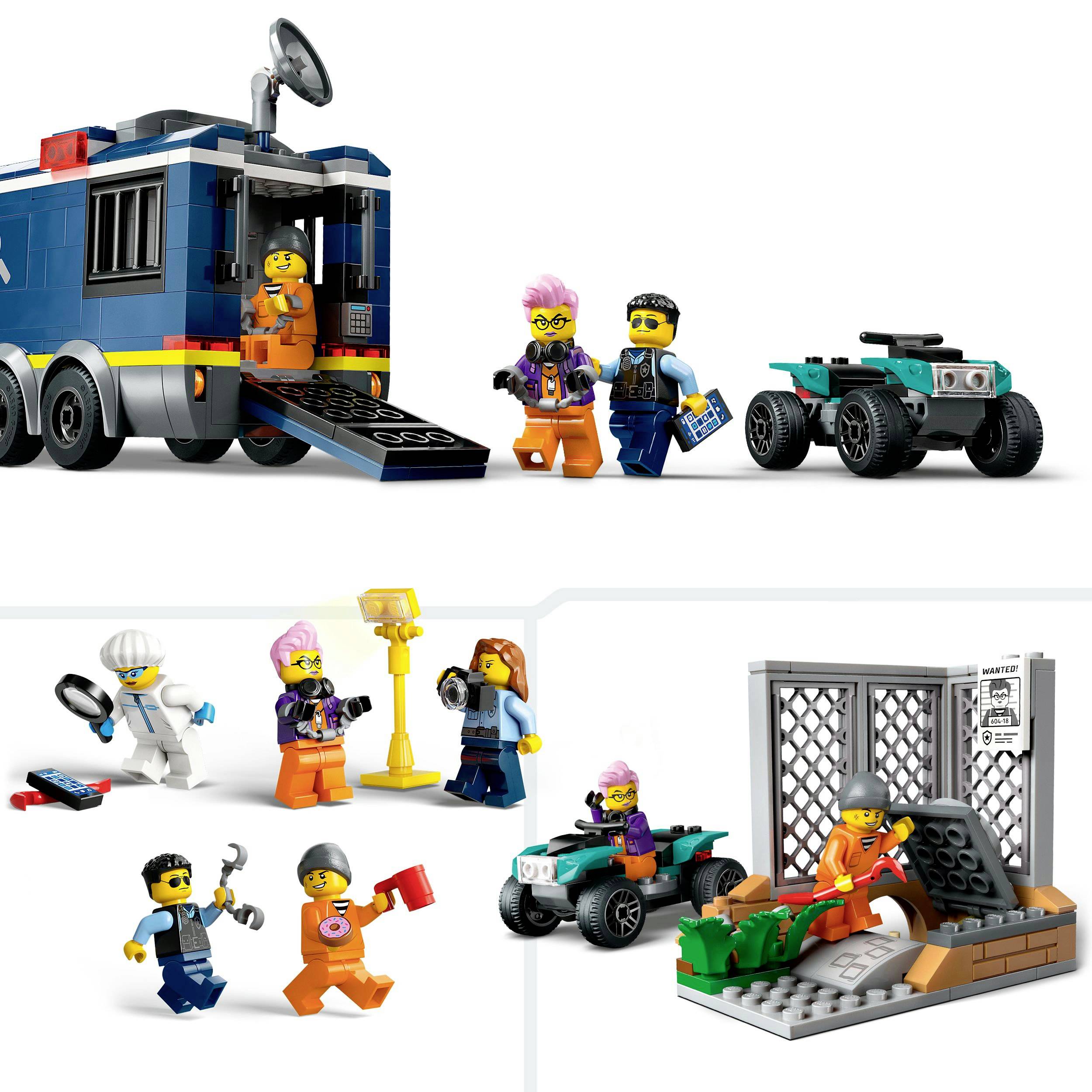 Scena z LEGO przedstawia mobilny pojazd więzienny, minifigurki w kostiumach policjantów i przestępców oraz mały samochód.