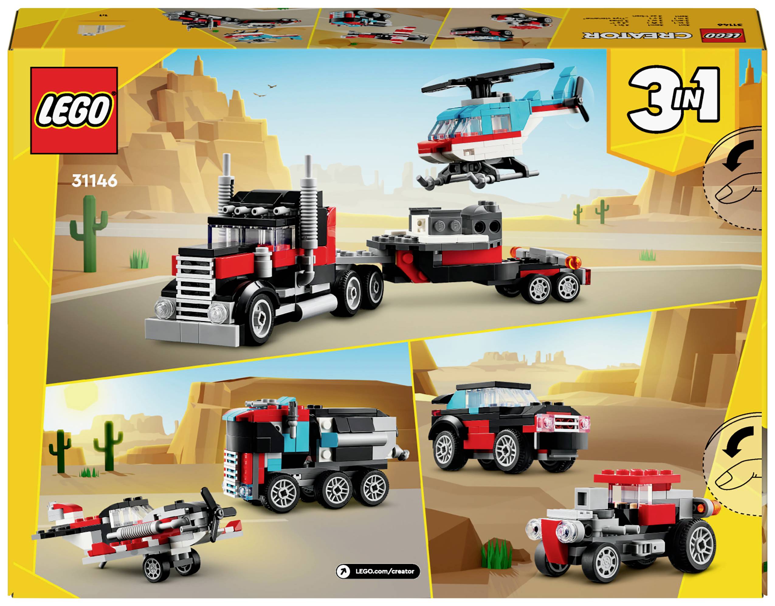 Zestaw Lego z 3 modelami: ciężarówka, helikopter i samochód na tle pustynnego krajobrazu. Opakowanie prezentuje przykłady budowy.
