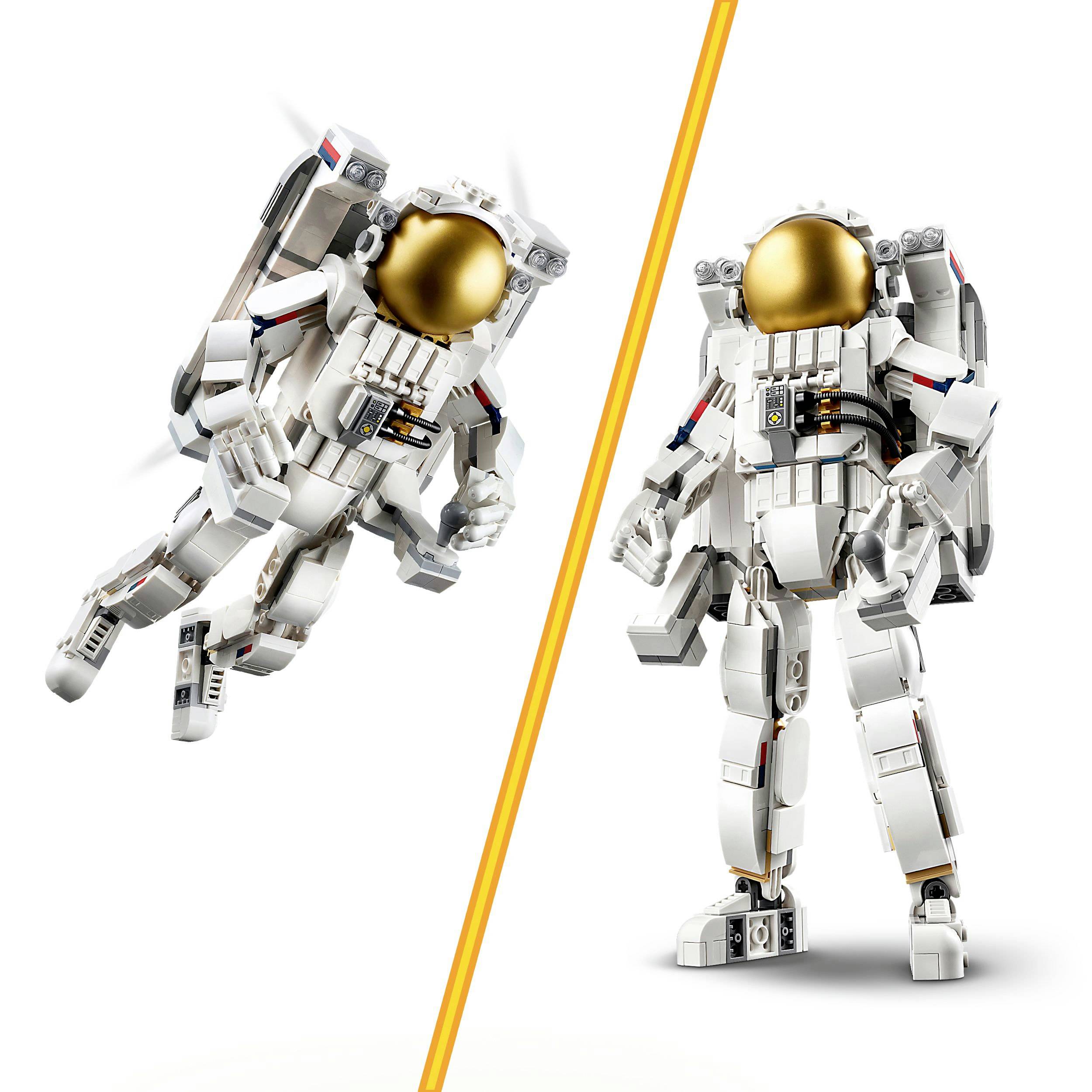 Dwóch kosmonautów z Lego: jeden unosi się z plecakowym silnikiem rakietowym, drugi stoi stabilnie. Obaj mają białe skafandry z złotymi hełmami.