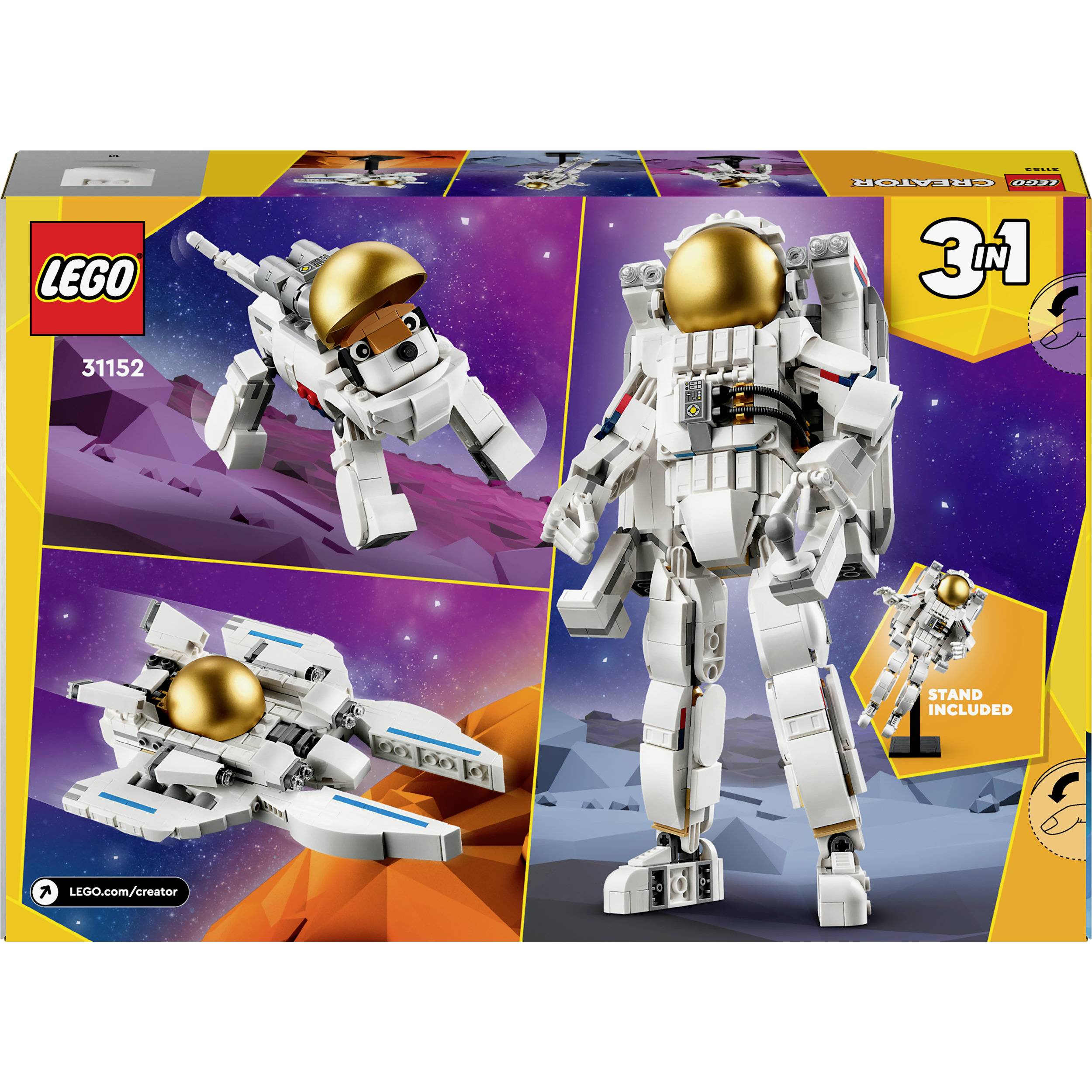 Zestaw LEGO 3-w-1 z Astronautą, Robotycznym Psem i Statkiem Kosmicznym. Opakowanie prezentuje wszystkie trzy modele na tle kosmosu.