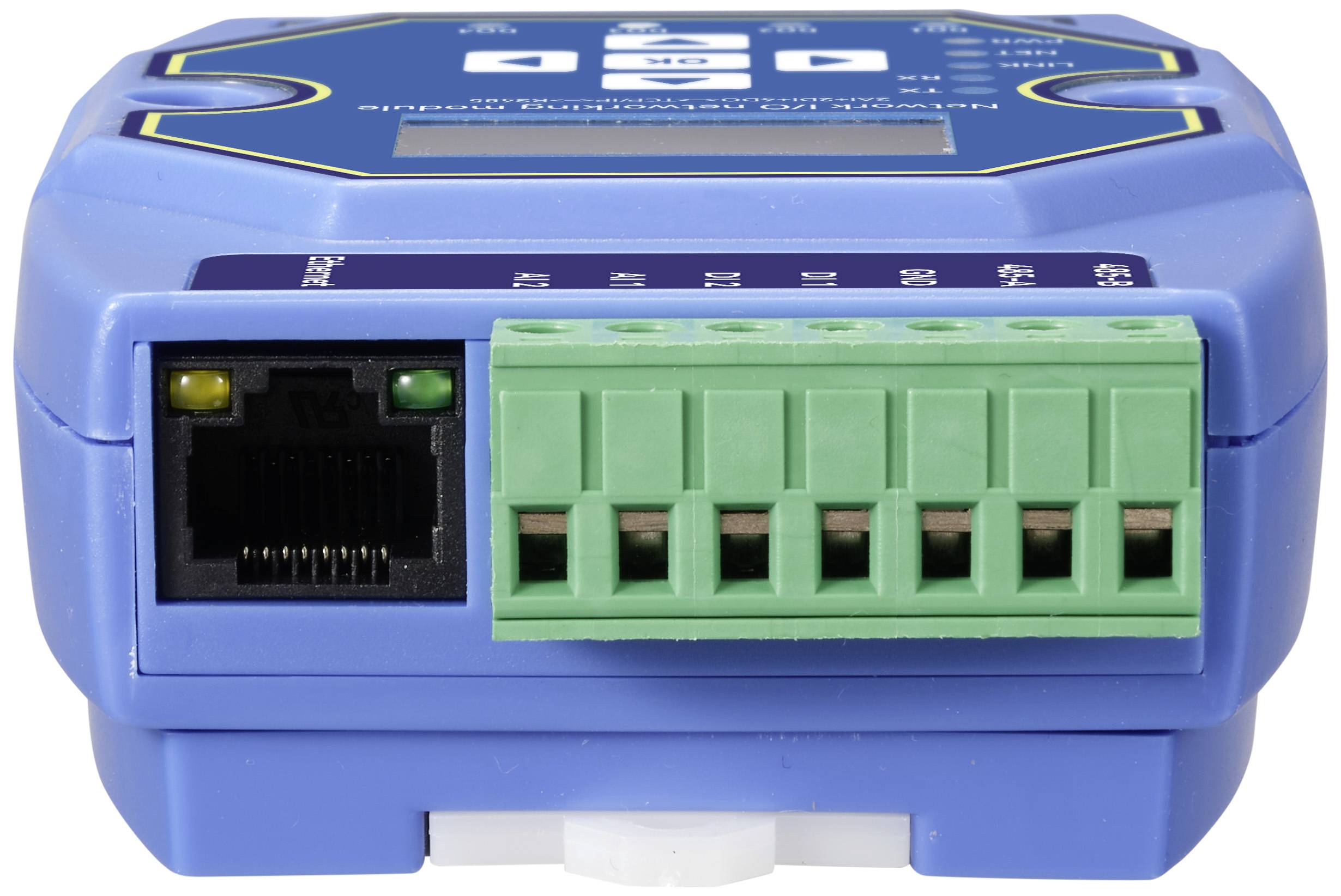 Niebieskie urządzenie elektroniczne z zielonymi zaciskami przyłączeniowymi i portem Ethernet, stosowane do połączeń danych i sterowania.