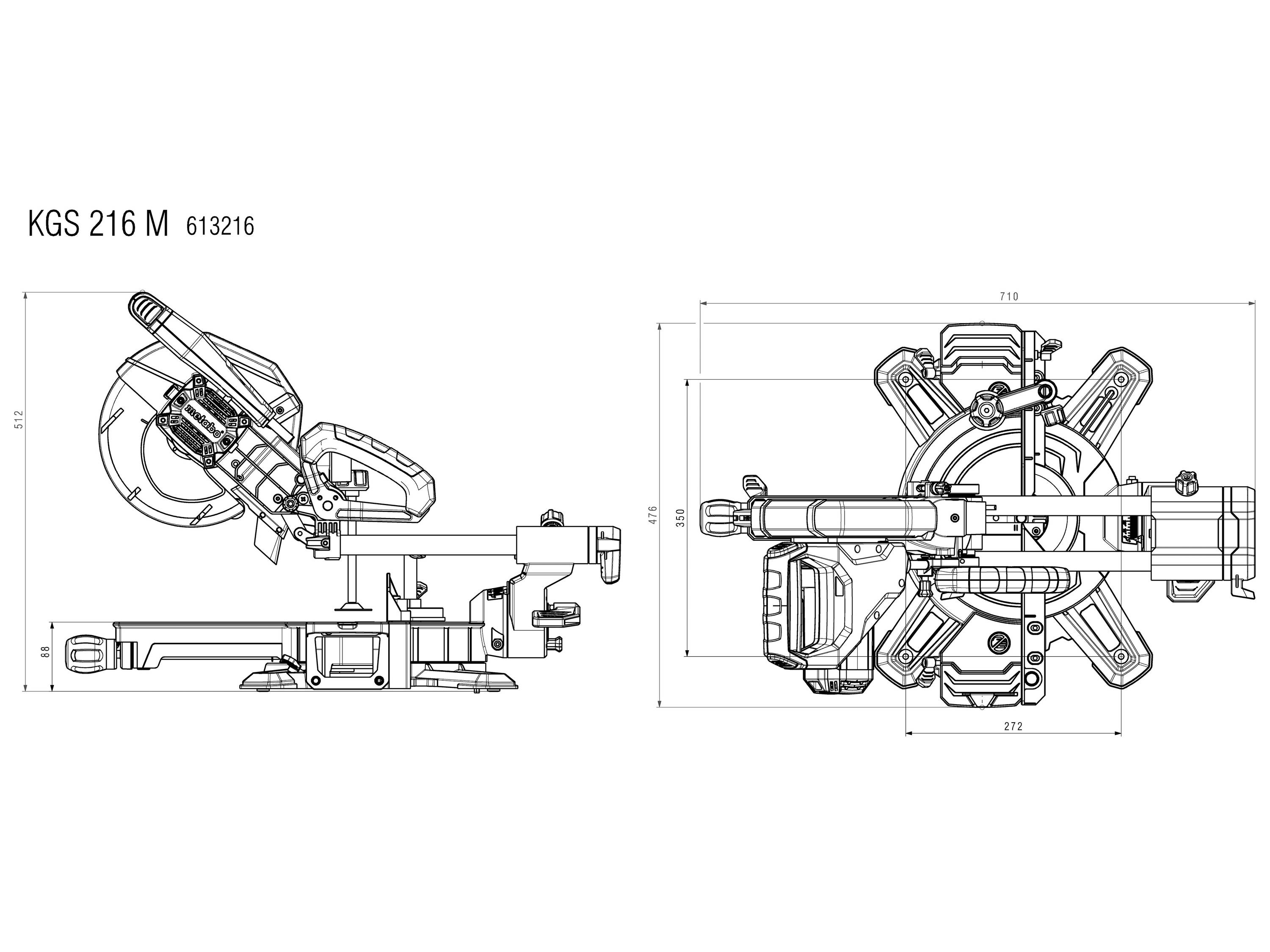 Rysunek techniczny piły ukosowej, model KGS 216 M, z wymiarami i szczegółami technicznymi. Widok z góry i widok z boku.