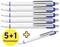 Sześć długopisów z niebieskim uchwytem i klipsem. Żółty symbol z napisem '5+1 Promocja' i dodatkowym długopisem poniżej.