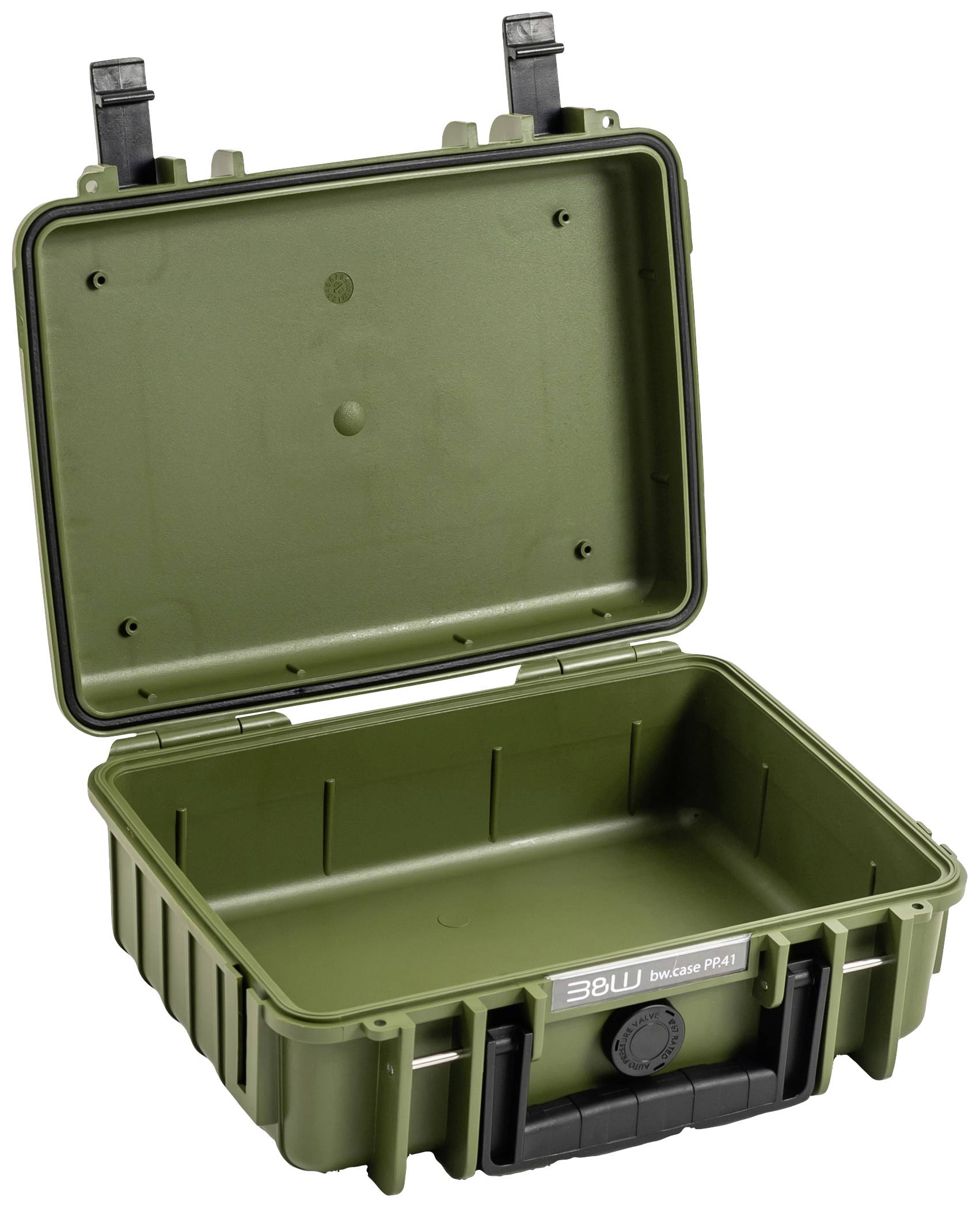 Otwarty, oliwkowozielony kufer ochronny z solidnymi zamknięciami, idealny do bezpiecznego transportu wrażliwego sprzętu.