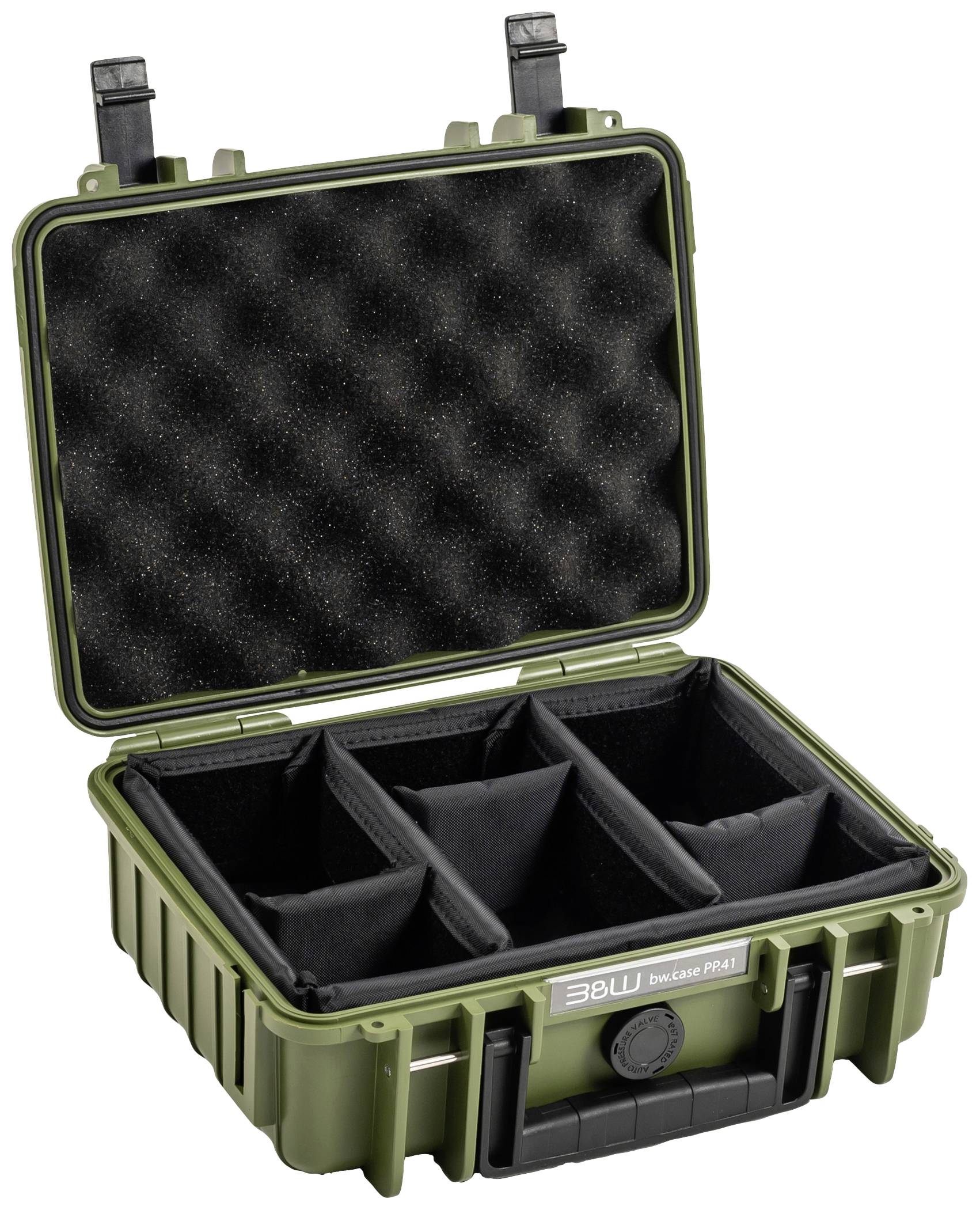 Otwarty zielony twardy kufer z wyściółką z pianki i regulowanymi przegródkami. Idealny do ochrony delikatnego sprzętu.