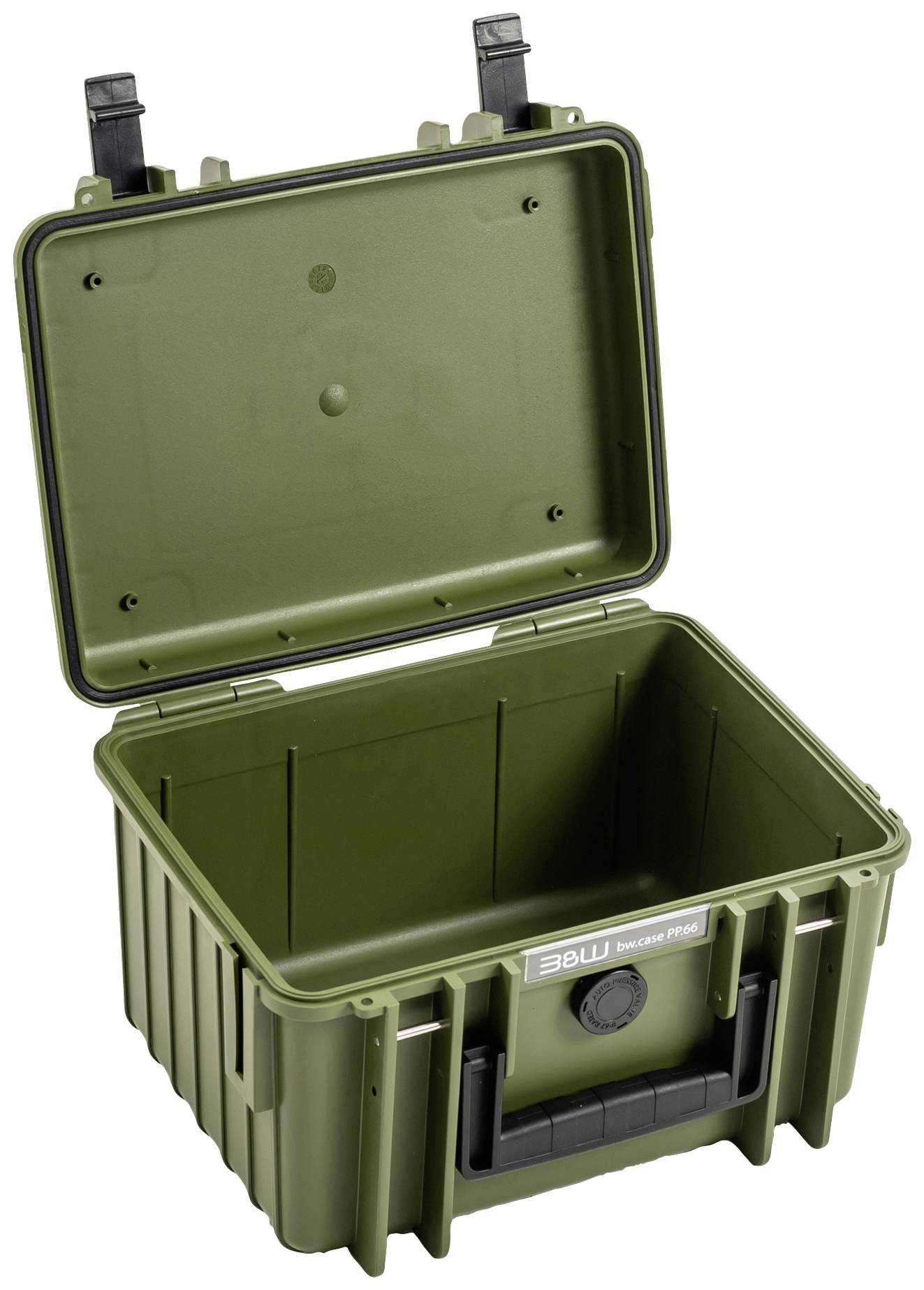 Oliwkowozielona, otwarta walizka o wytrzymałej konstrukcji, idealna do zabezpieczania delikatnego sprzętu.