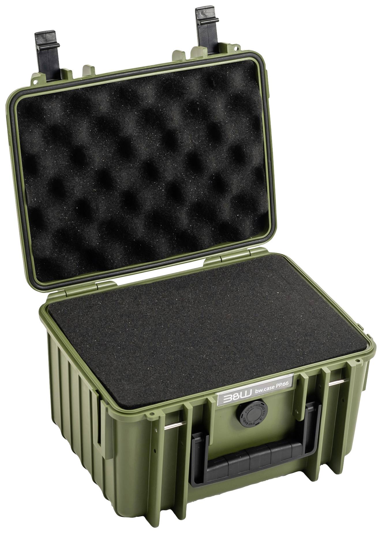 Zielony twardy kufer z otwartą pokrywą i wewnętrzną wyściółką piankową, odpowiedni do ochrony delikatnych urządzeń.