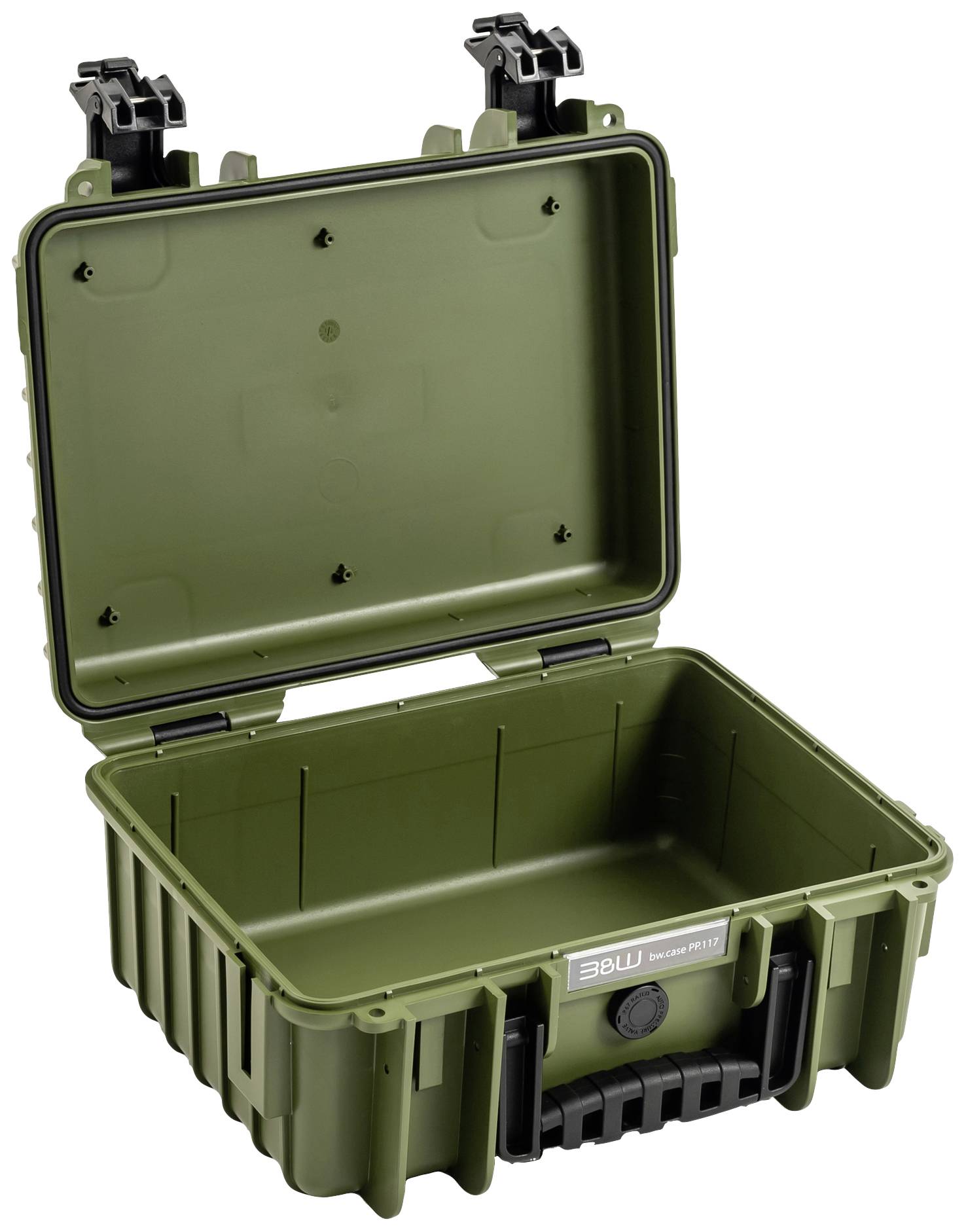 Otwarty, zielony, wytrzymały pojemnik transportowy z dwoma czarnymi zamknięciami.