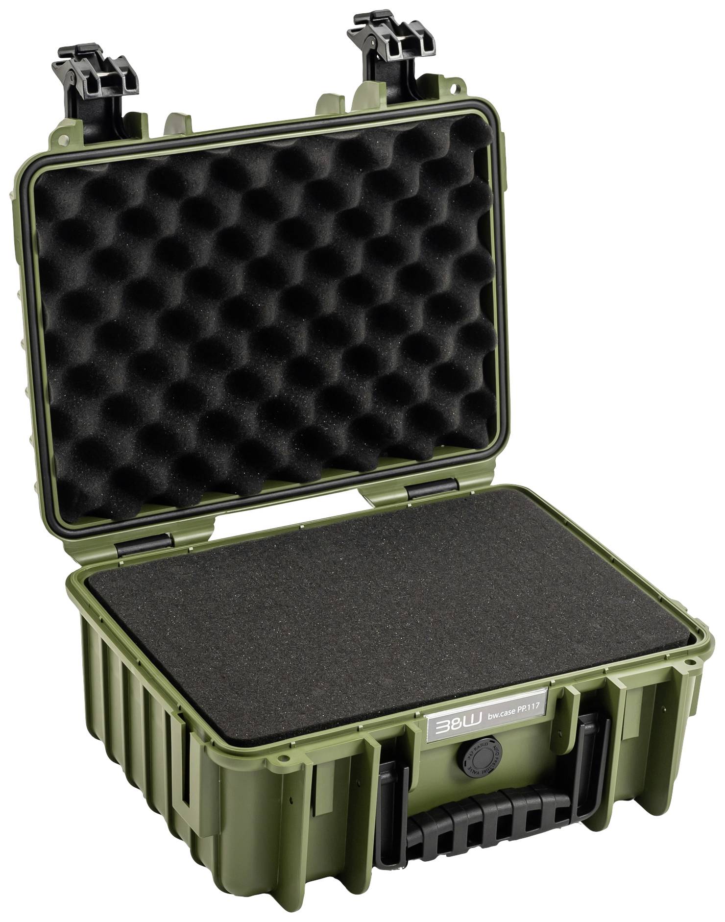 Otwarty, solidny, ciemnozielony plastikowy kufer z czarną pianką wewnątrz i dwoma czarnymi zamknięciami u góry.