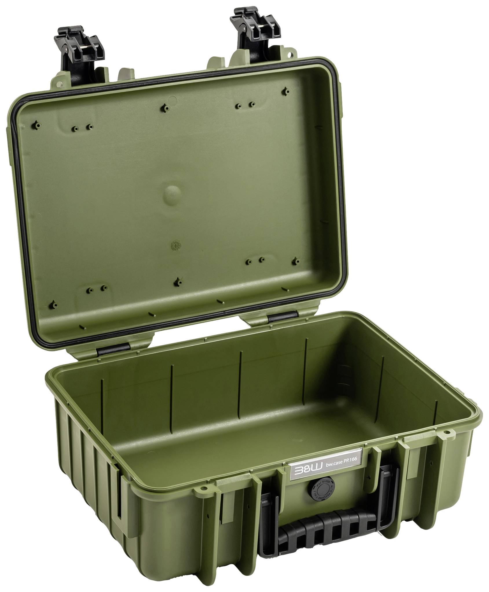 Zielony, otwarty kufer ochronny wykonany z wytrzymałego tworzywa sztucznego z czarną rączką, odpowiedni do bezpiecznego przechowywania i transportu sprzętu.