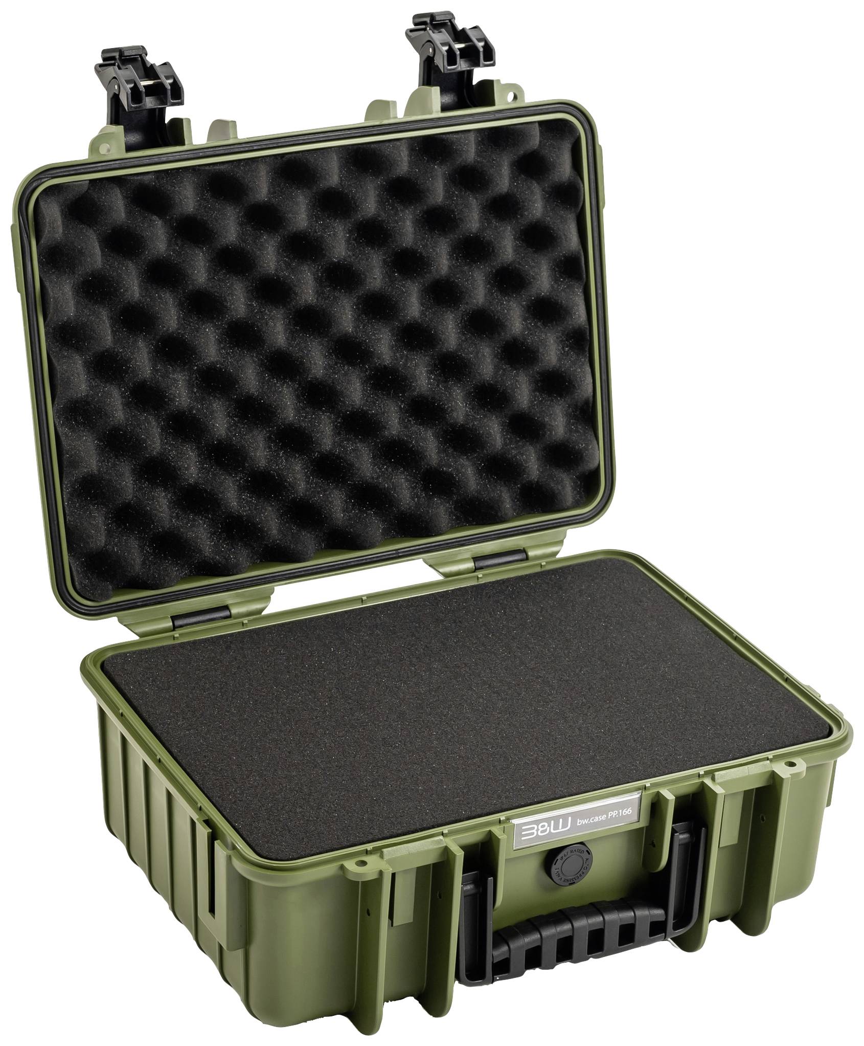 Otwarty, zielony, odporny kufer ochronny z wyściółką piankową wewnątrz, odpowiedni do przewożenia delikatnych urządzeń. Kufer posiada uchwyt i dwa zamknięcia.