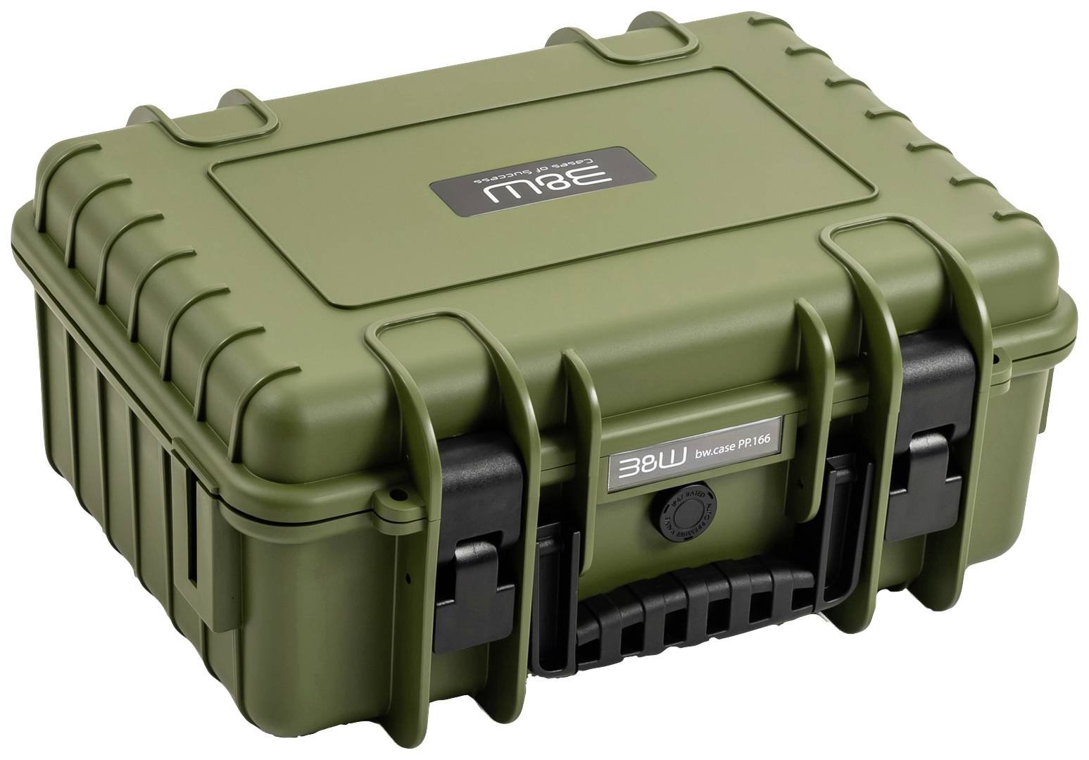 Zielony, wytrzymały kufer transportowy z czarnym uchwytem i zamknięciami. Idealny do bezpiecznego przewozu delikatnych urządzeń.