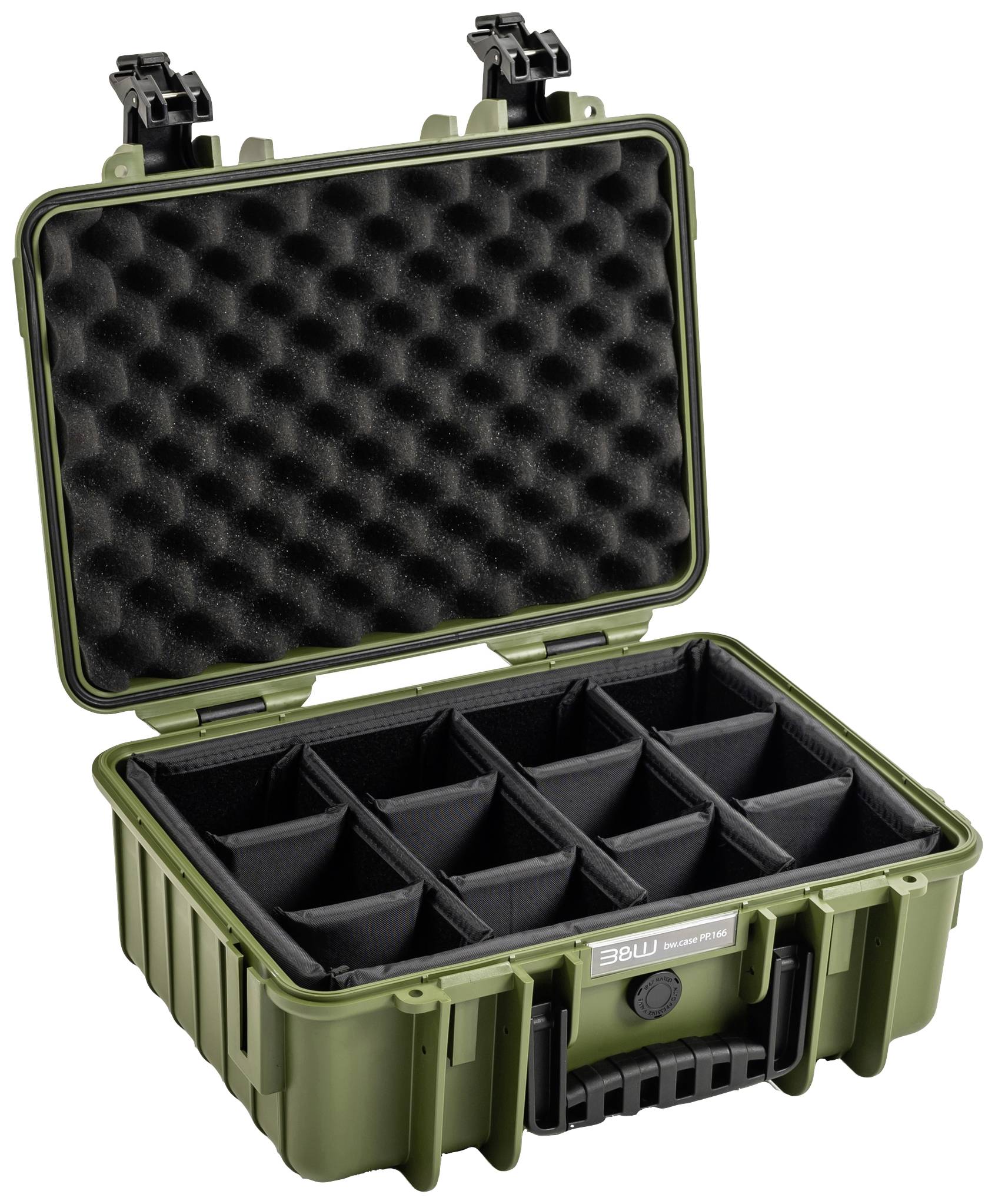 Zielony, otwarty pojemnik transportowy z 9 wyściełanymi przegródkami, idealny do bezpiecznego przewożenia delikatnych przedmiotów.