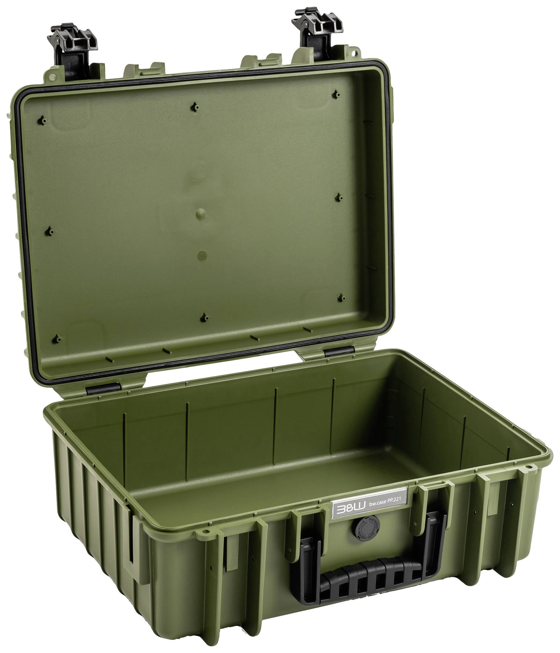 Zielony, otwarty twardy kufer z solidnym zamknięciem. Odpowiedni do bezpiecznego transportu sprzętu lub cennych przedmiotów.