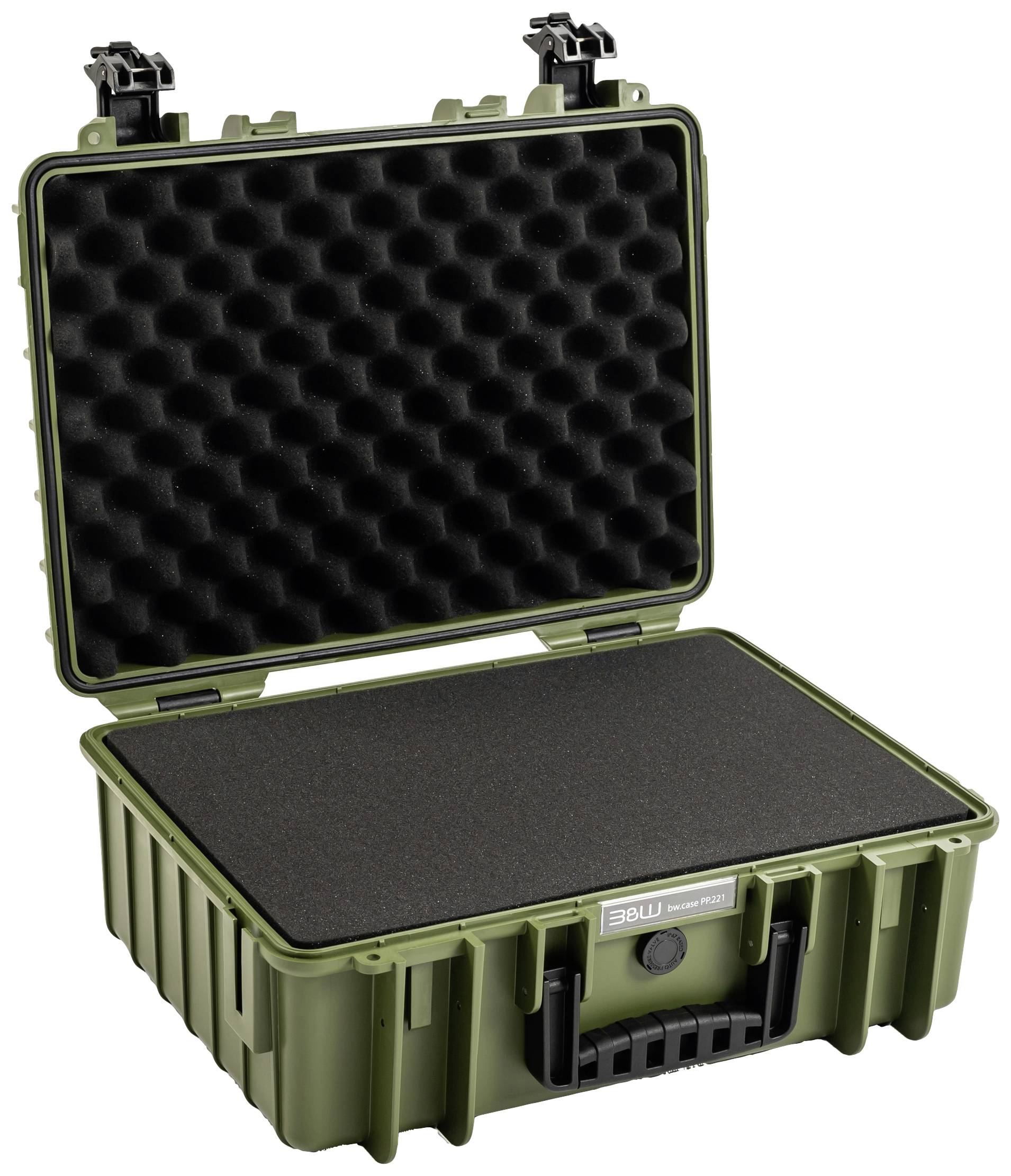 Zielony, wytrzymały kufer z wyściółką piankową, otwarty. Odpowiedni do bezpiecznego transportu delikatnych przedmiotów.