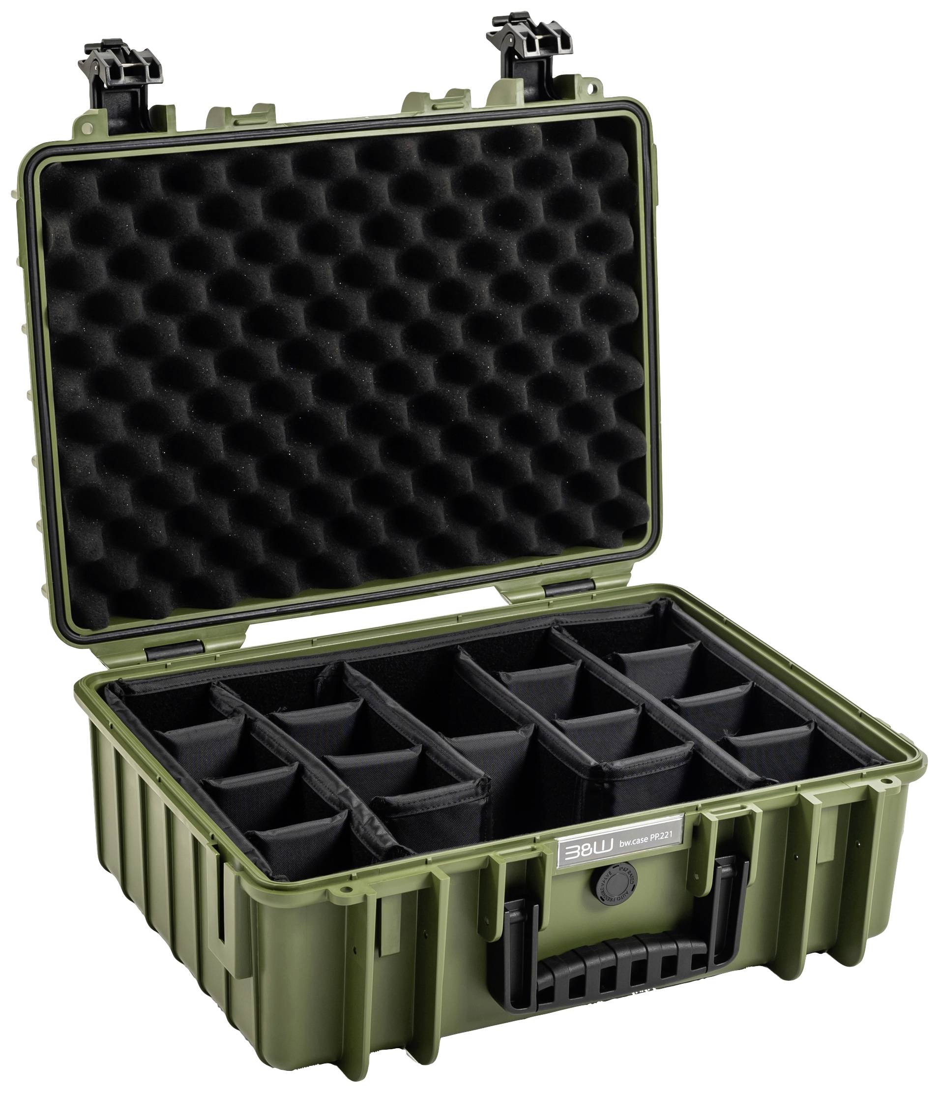 Otwarty, oliwkowozielony, wodoodporny twardy kufer z wyściełaną pokrywą i regulowanymi przegródkami do bezpiecznego przechowywania.