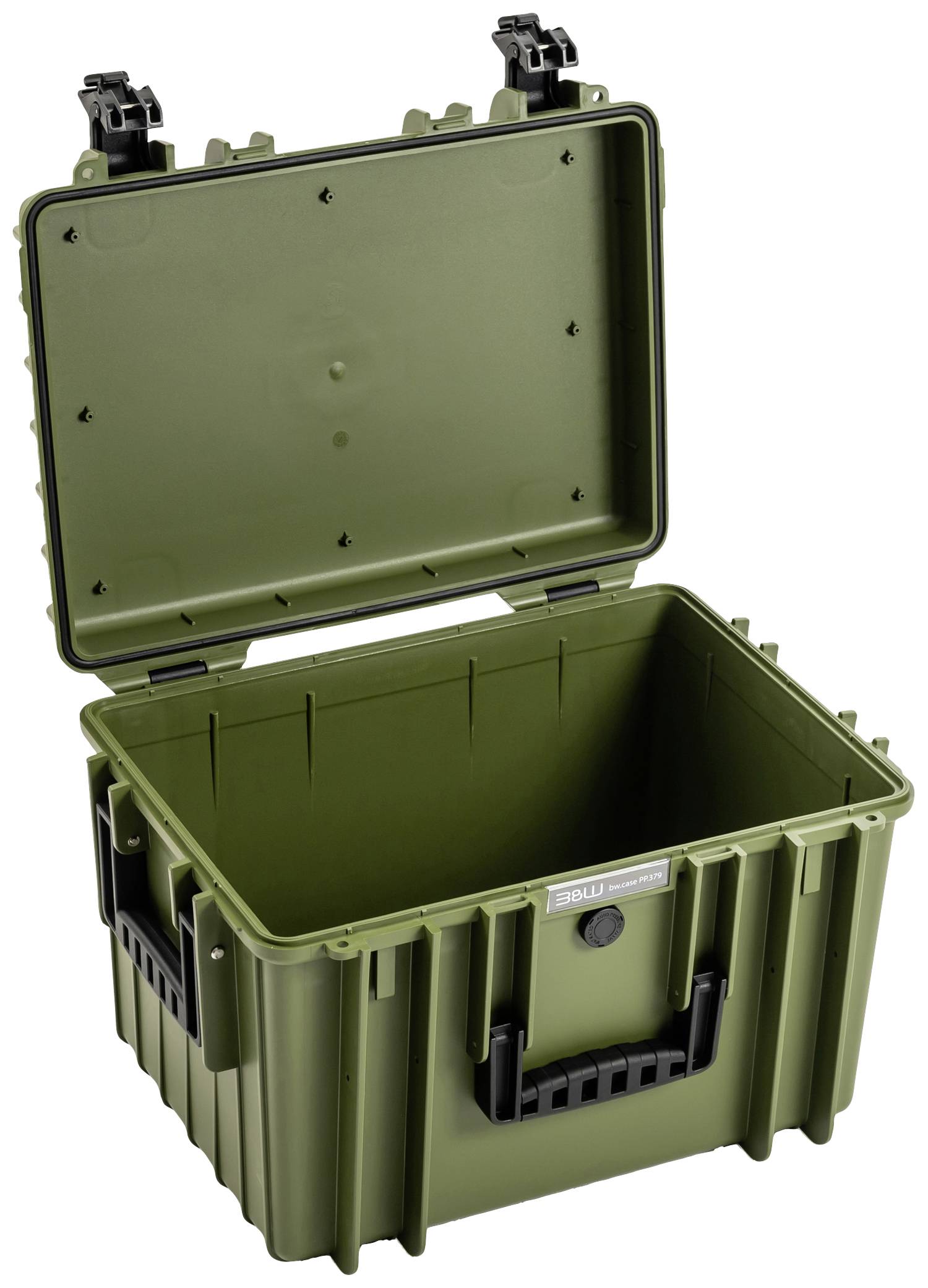 Zielony, otwarty, wytrzymały pojemnik transportowy z czarnymi uchwytami, odpowiedni do bezpiecznego przewozu i przechowywania sprzętu.