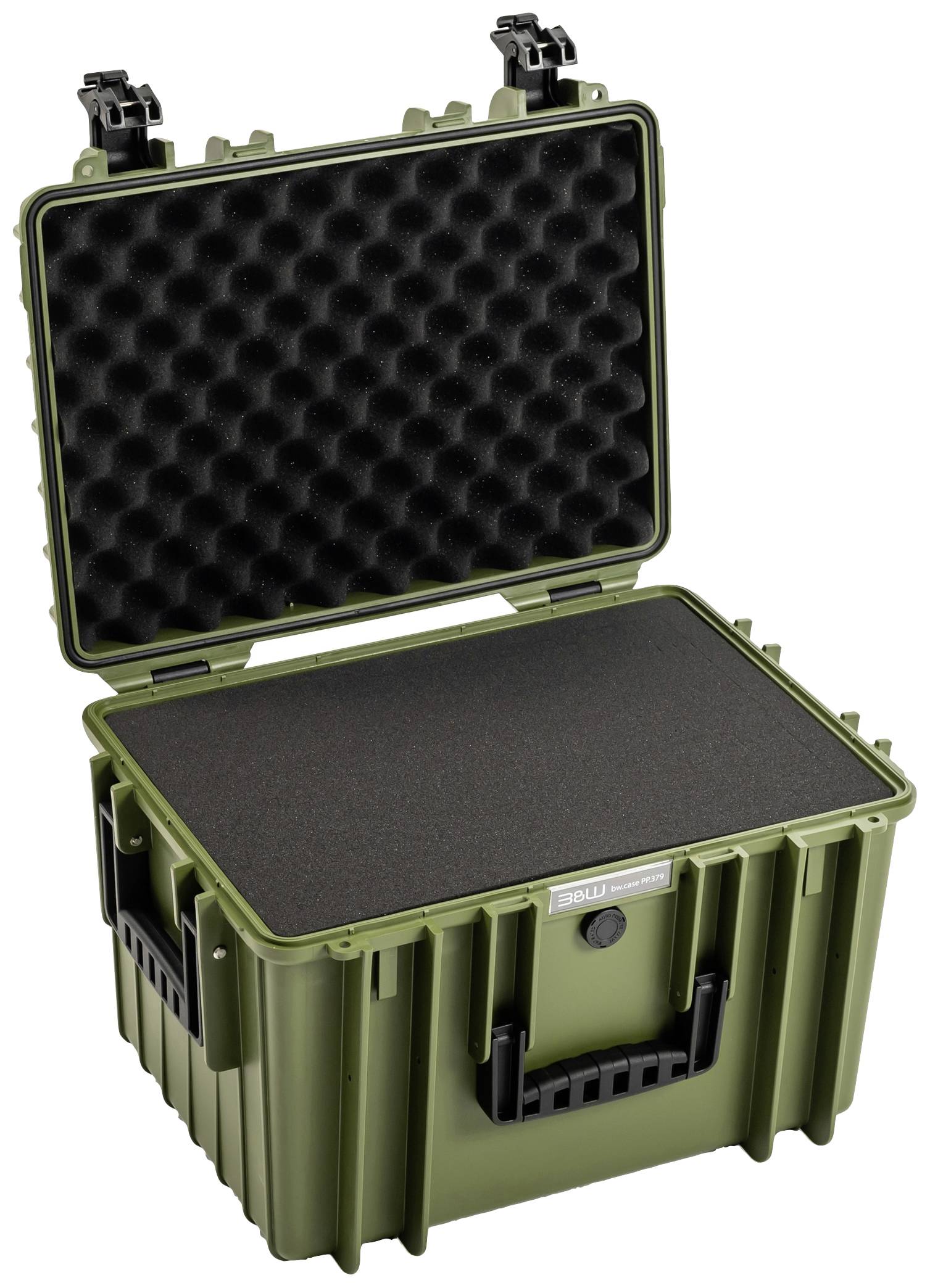 Otwarty, wytrzymały, zielony kufer z wyściółką piankową wewnątrz, odpowiedni do bezpiecznego transportu delikatnych przedmiotów.