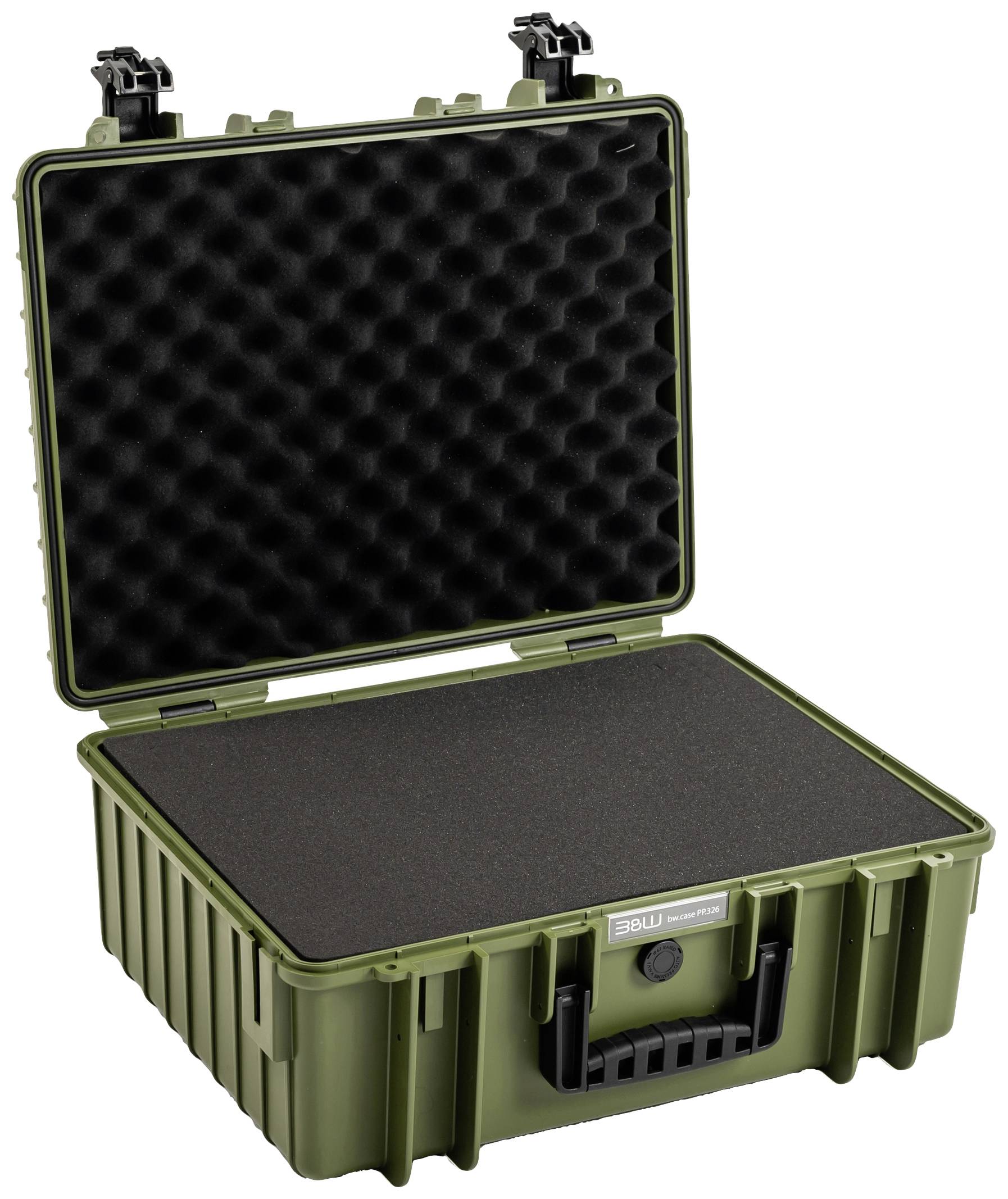 Zielony, otwarty kufer ochronny z wkładką piankową do bezpiecznego przechowywania. Odpowiedni dla delikatnych urządzeń lub narzędzi.