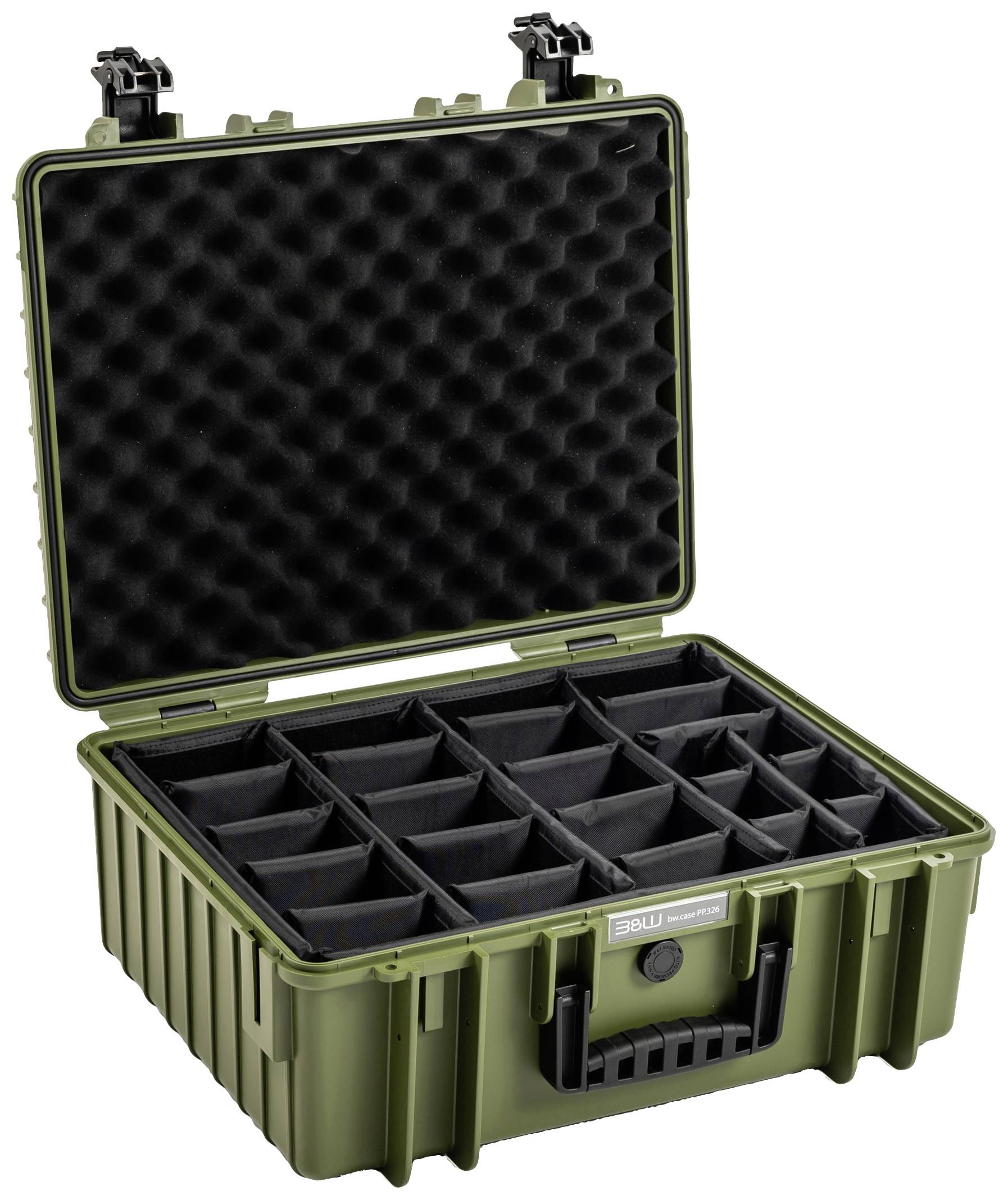 Zielony kufer ochronny z wyściółką piankową, otwarty, prezentujący regulowane przegrody. Idealny do bezpiecznego transportu wrażliwego sprzętu.