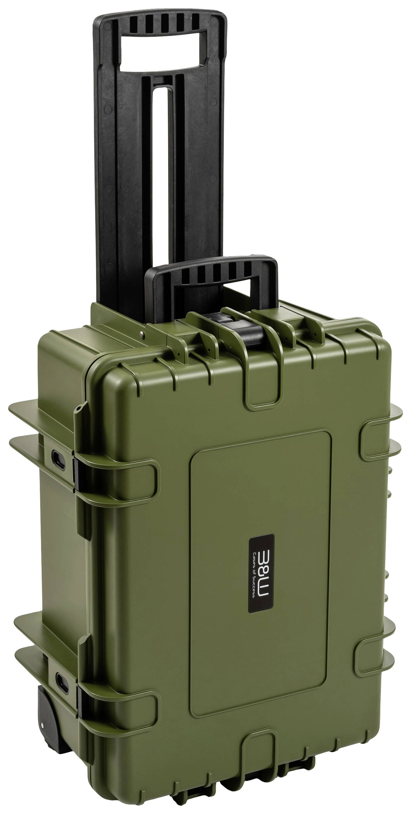 Zielony twardy kufer na kółkach z wysuwaną rączką, wytrzymały i odpowiedni do transportu delikatnego sprzętu.