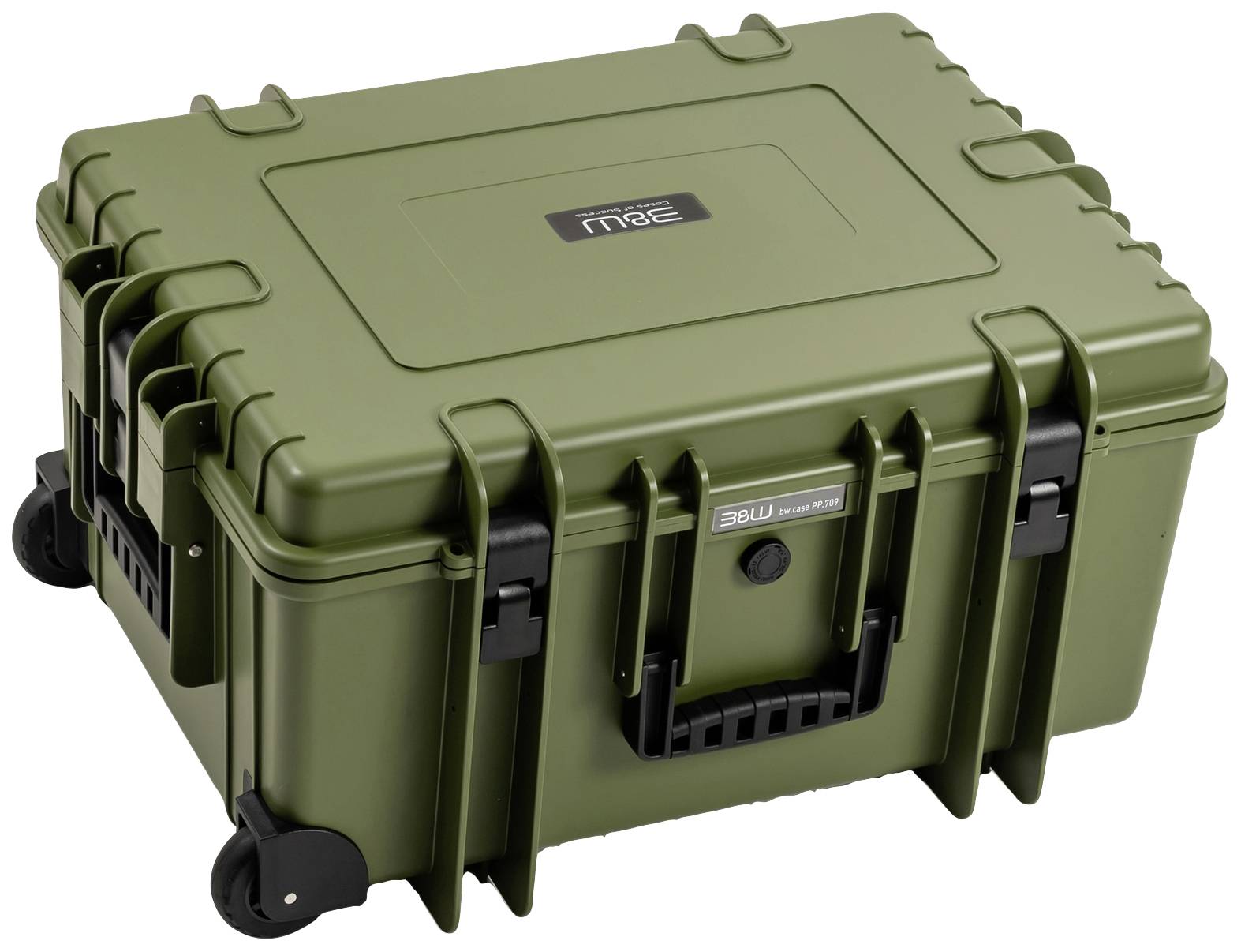 Zielony, wytrzymały kufer transportowy z kółkami i uchwytem, odpowiedni do bezpiecznego przewożenia delikatnych przedmiotów.