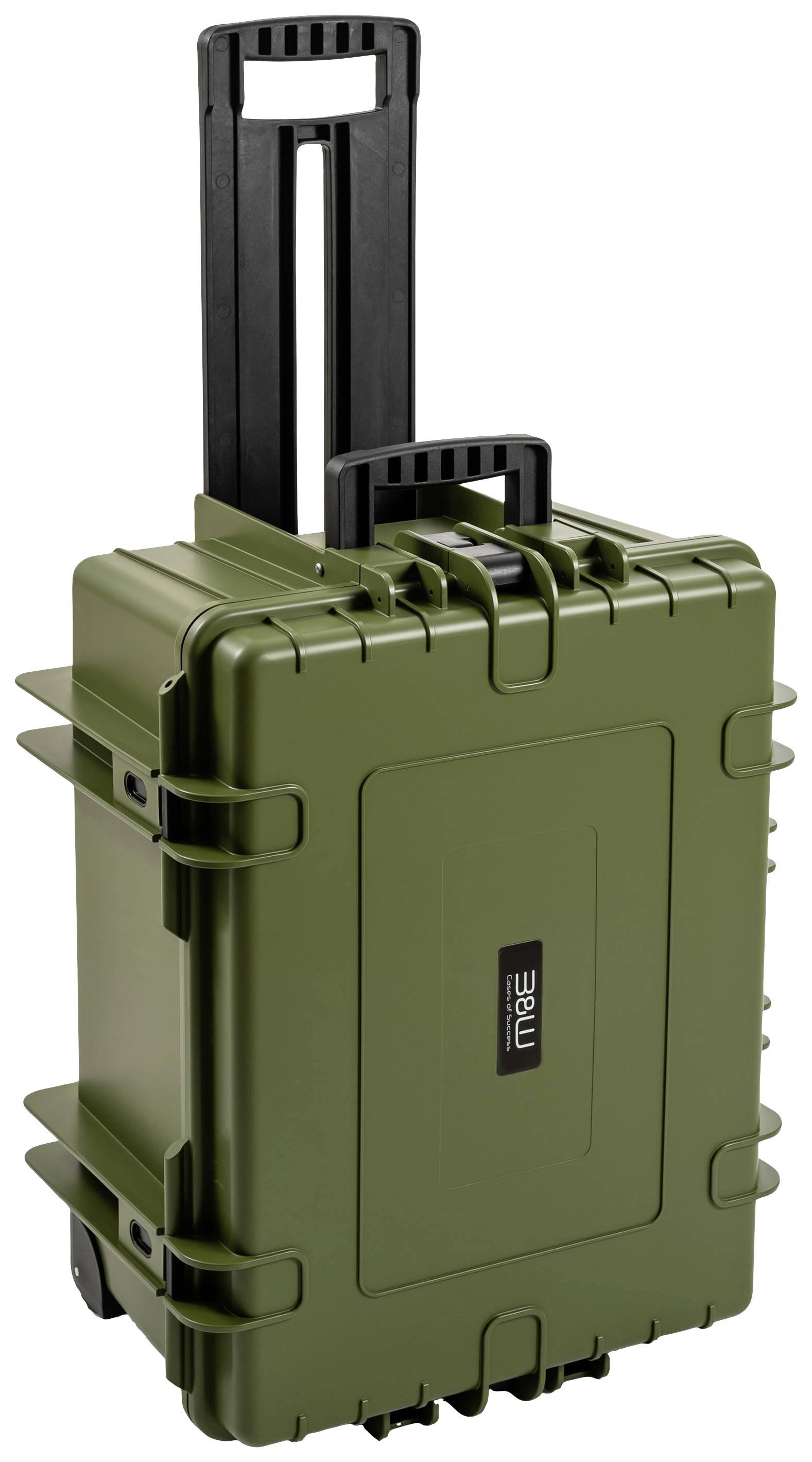 Solidna, zielona walizka twarda z dwoma uchwytami i wysuwaną rączką teleskopową. Idealna do bezpiecznego przewożenia sprzętu.