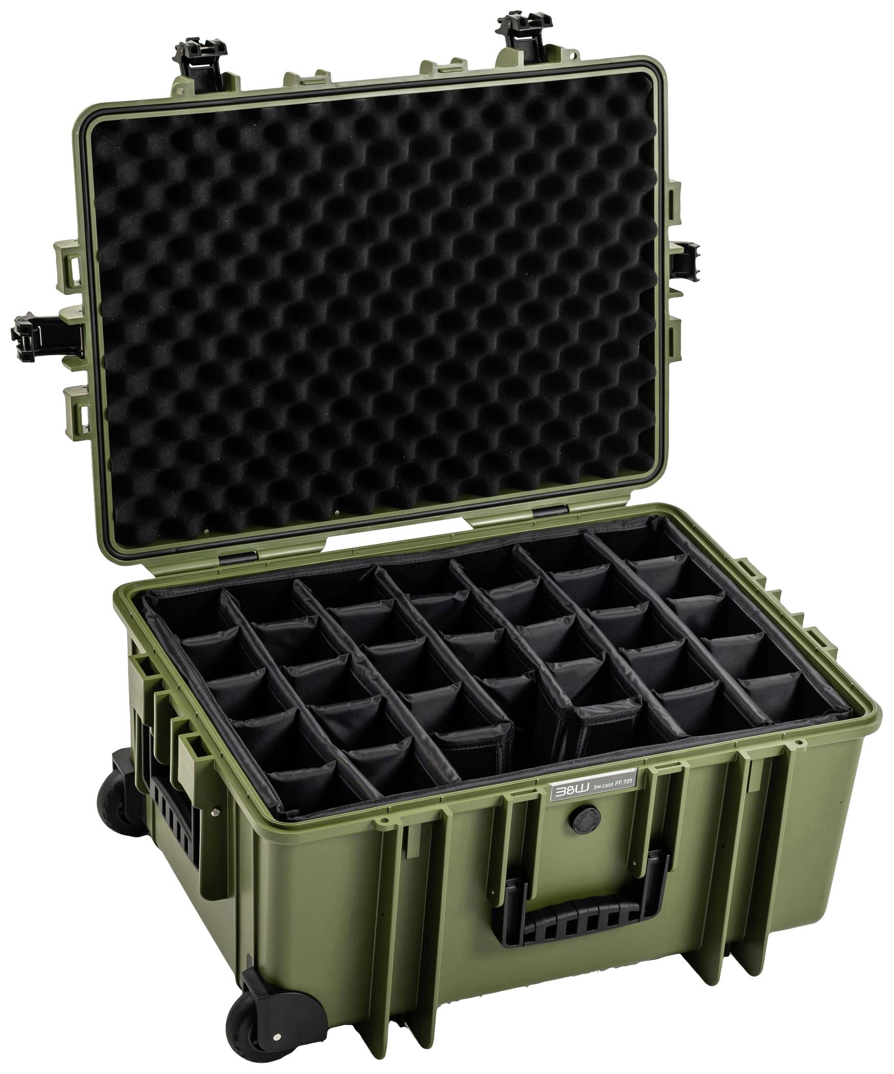 Solidny, zielony kufer ochronny z otwartą pokrywą. W środku znajduje się konfigurowalne wnętrze z przegródkami do bezpiecznego przechowywania przedmiotów.