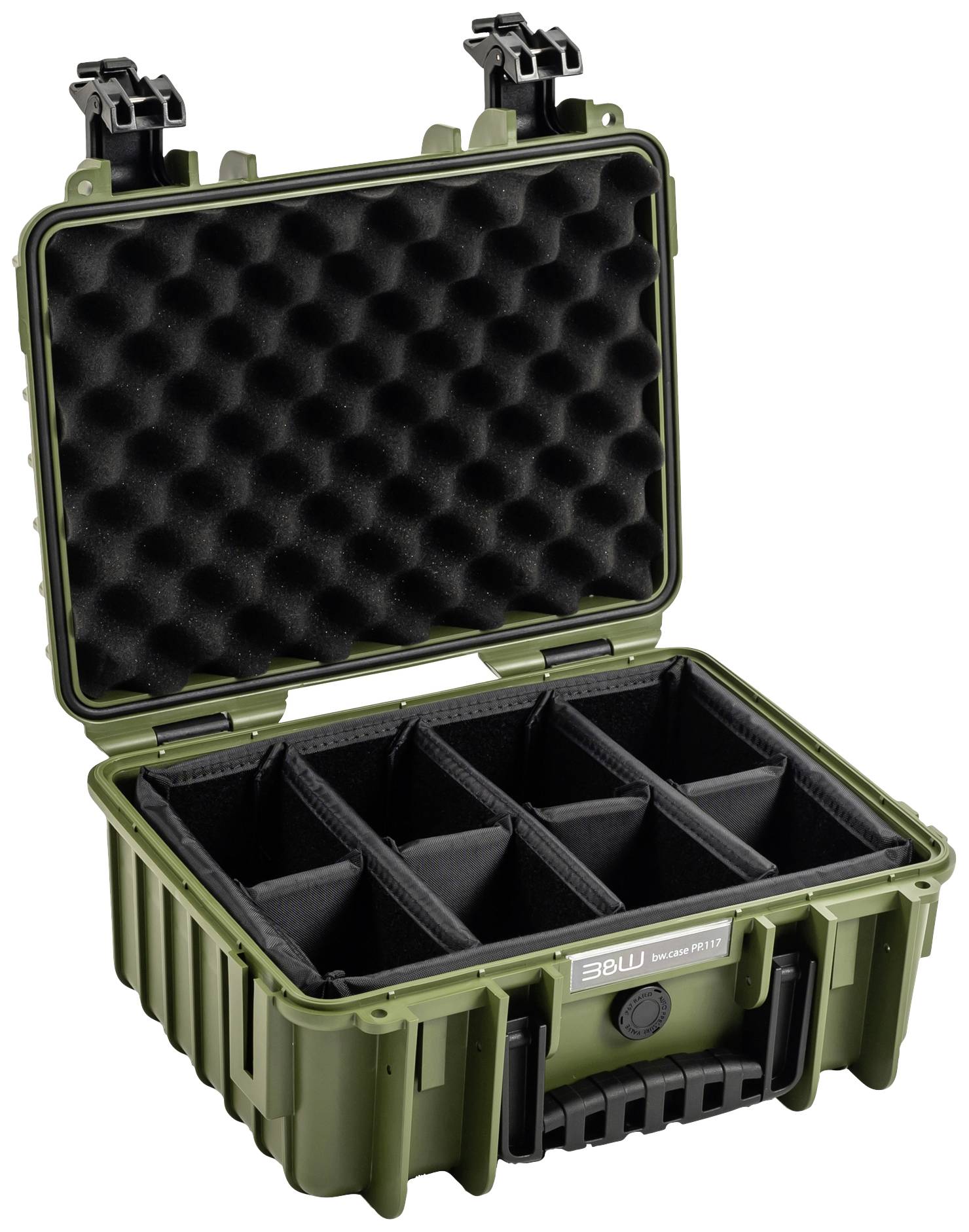 Zielony, wytrzymały kufer z otwartą pokrywą i wyściełanym wnętrzem, odpowiedni do bezpiecznego transportu delikatnego sprzętu.