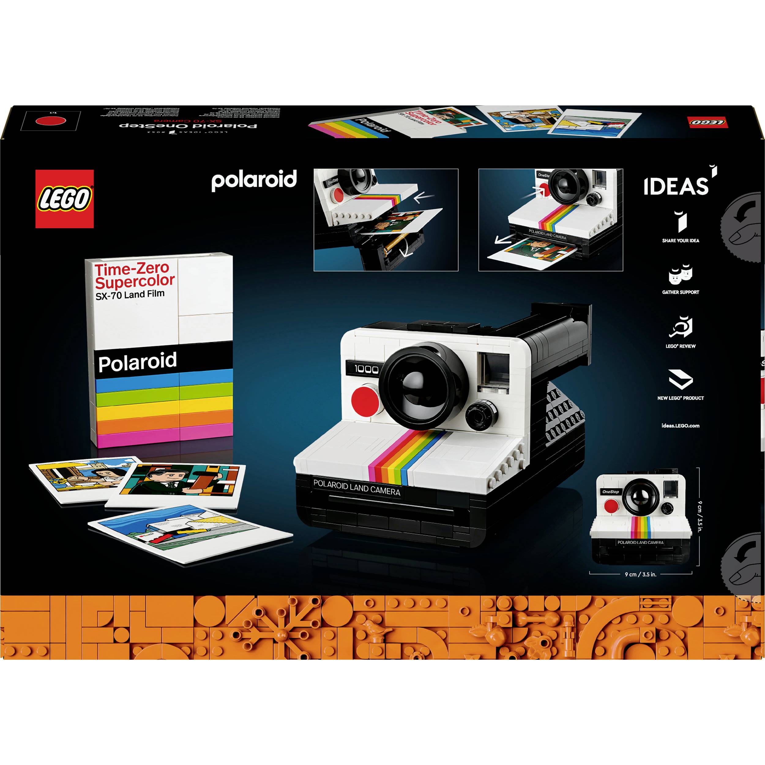 Zestaw LEGO przedstawiający aparat Polaroid z opakowaniem filmu. Instrukcja montażu prezentuje kolejne etapy składania. Opakowanie podkreśla retro design.
