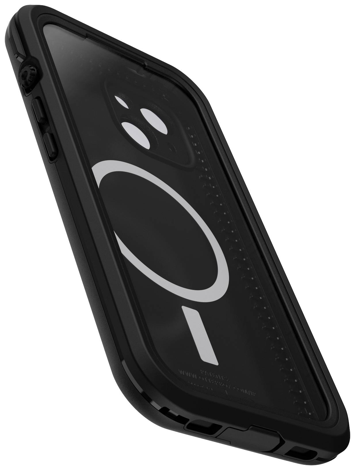 Czarny smartfon w wytrzymałym, przezroczystym etui, które wygląda na odporne na wstrząsy. Z tyłu widać wyrazny, biały wzór ładowania.