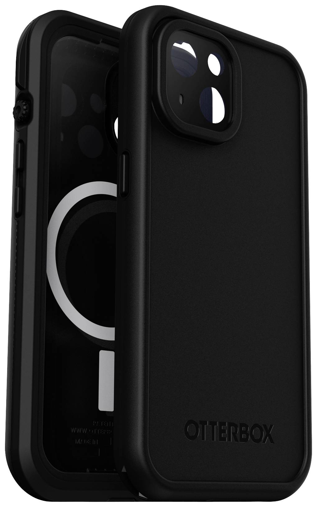 Czarna obudowa Otterbox o wytrzymałej konstrukcji z wycięciami na aparat i złącza, kompatybilna z urządzeniami MagSafe.