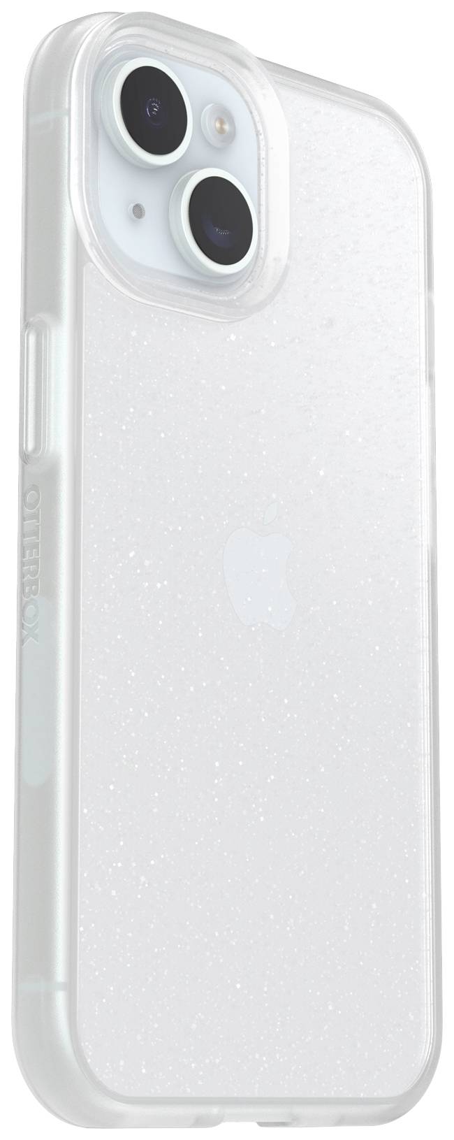 Etui na smartfona, przezroczyste z brokatowymi drobinkami. Widoczny wycięty otwór na obiektywy aparatu i przyciski.