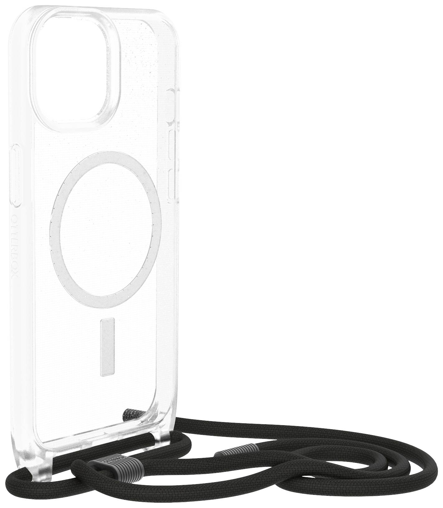 Przezroczyste etui na telefon z czarnym paskiem do noszenia, kompatybilne z MagSafe, prezentowane w pozycji pionowej.