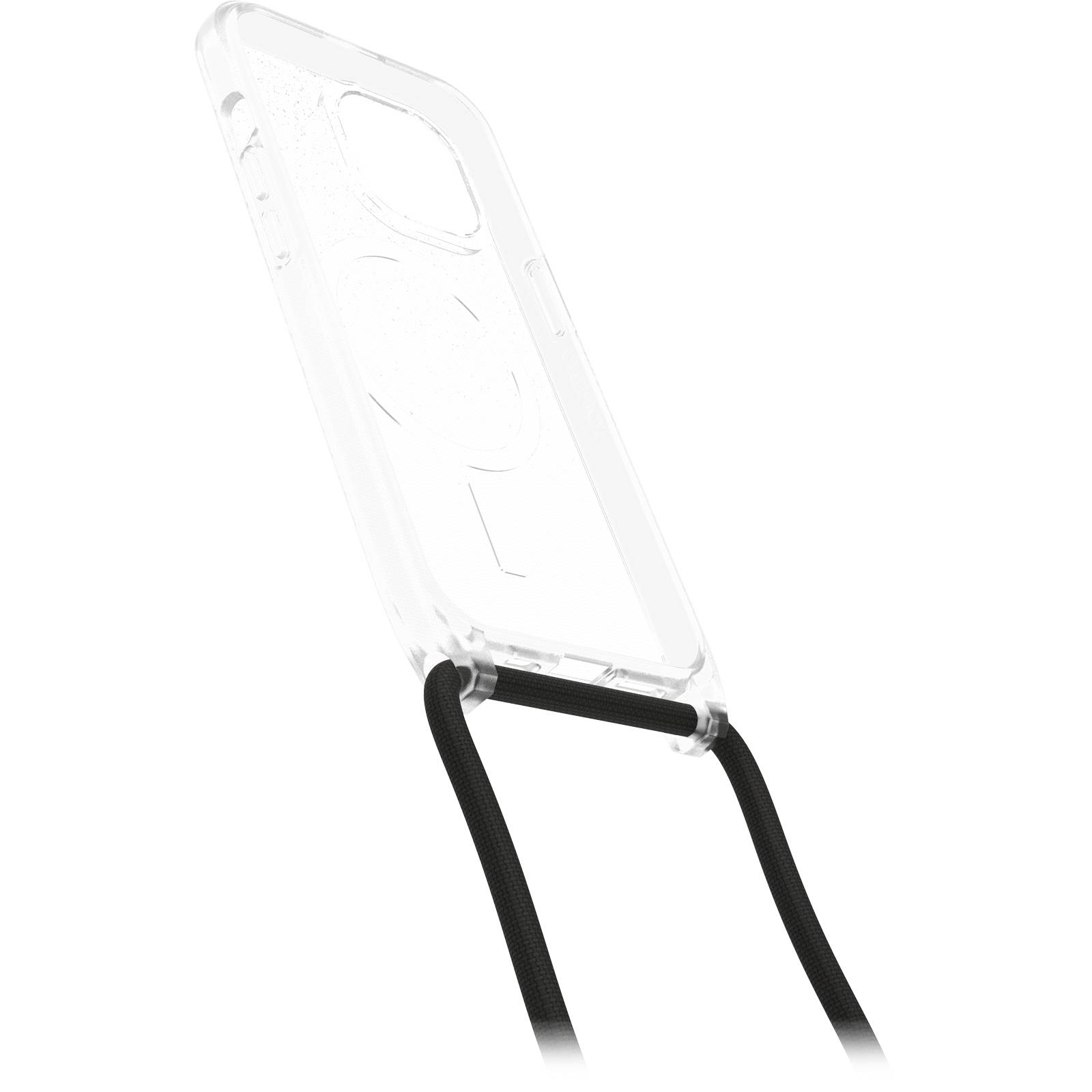 Przezroczyste etui na telefon z czarnym paskiem do zawieszenia.