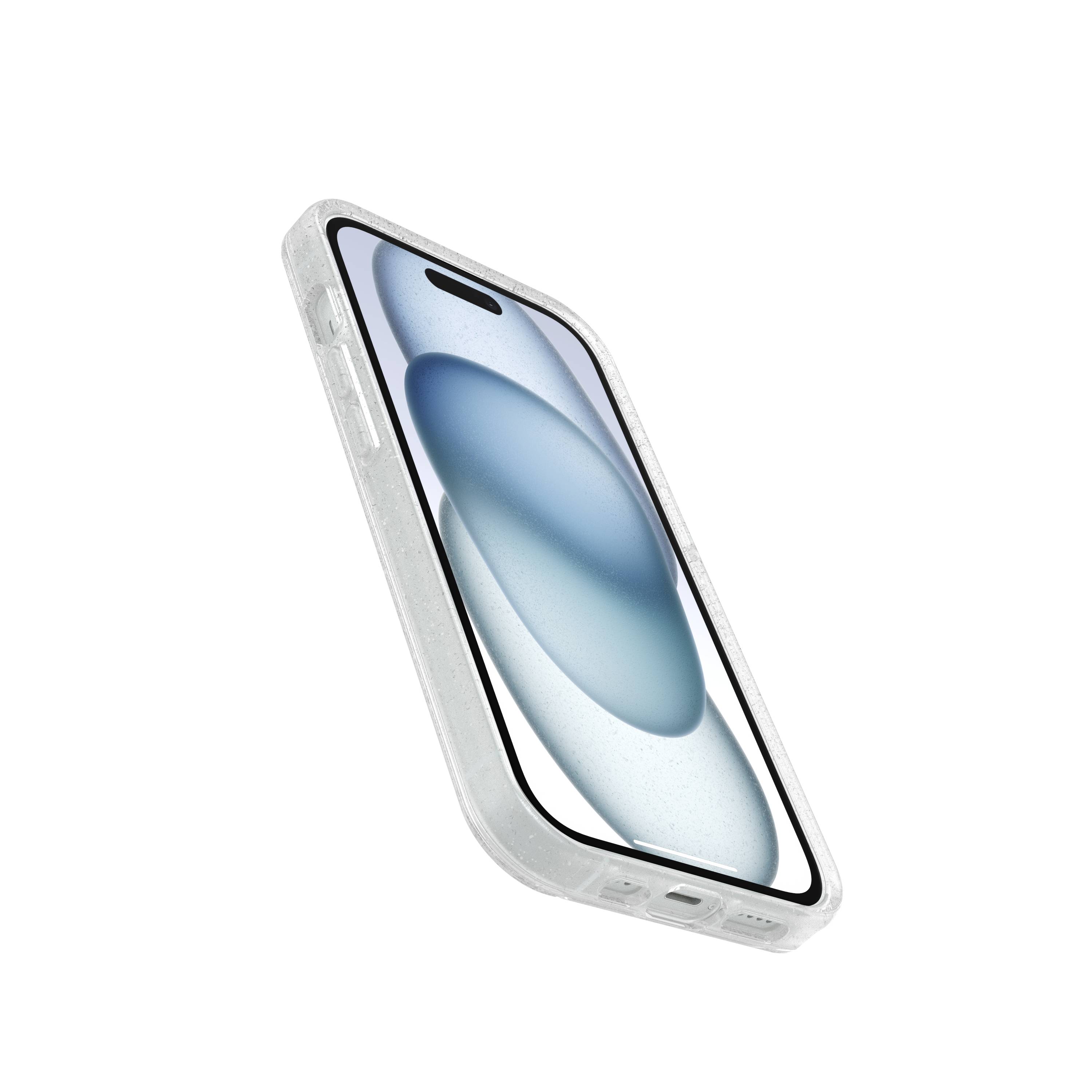 Smartfon z ochronną, przezroczystą obudową jest widoczny pod skosnym kątem z boku. Ekran wyświetla niebieskie, owalne kształty.