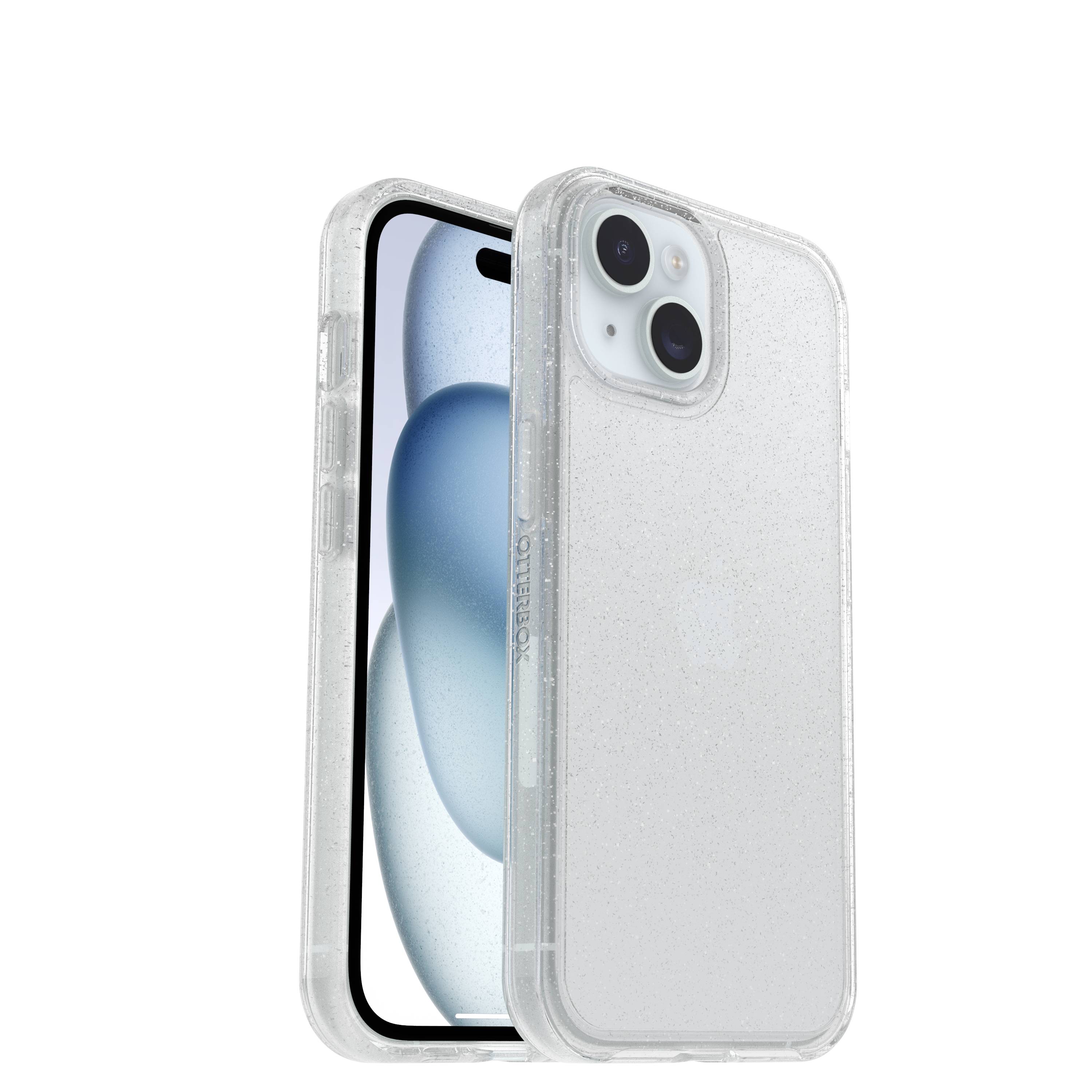 Przezroczyste etui na smartfona, pokazujące czarny wyświetlacz i aparat z tyłu telefonu.