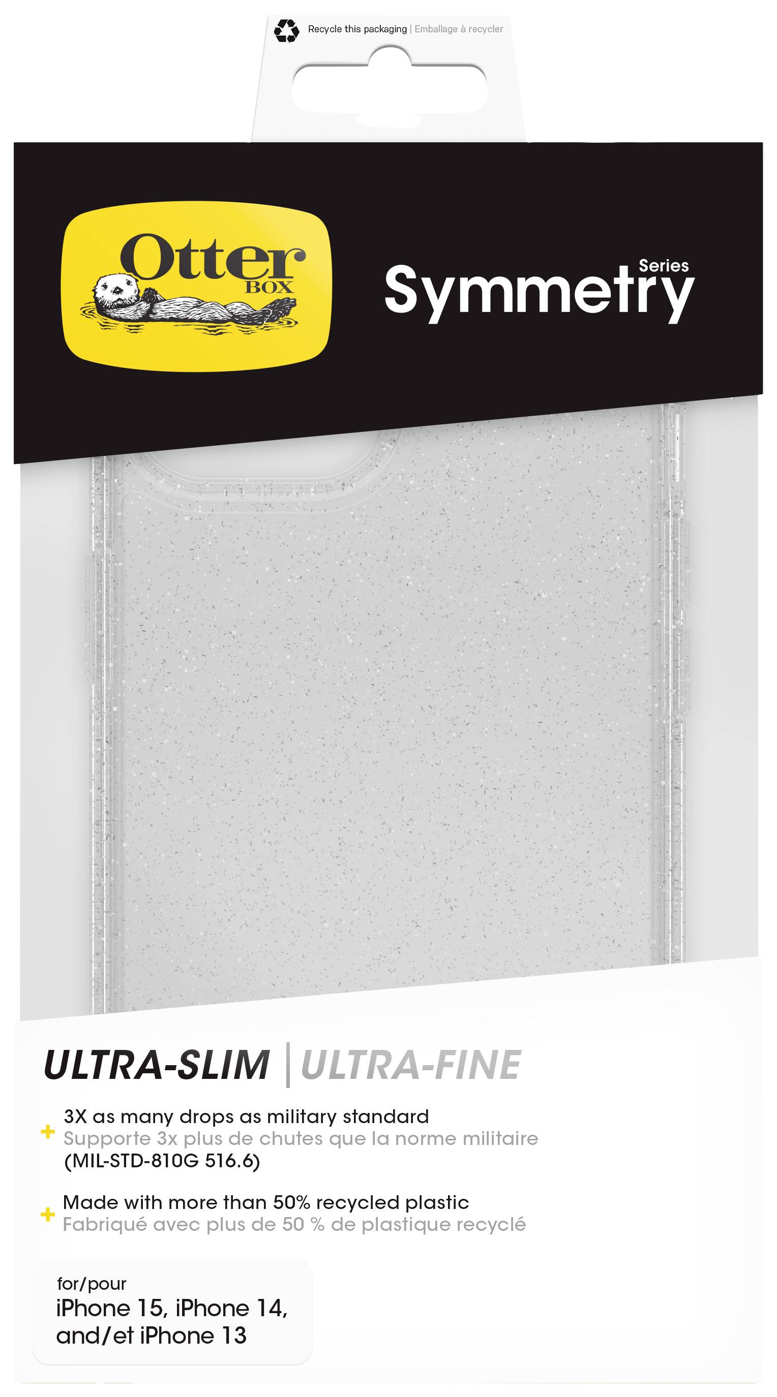 Etui OtterBox z serii Symmetry, o ultracienkim designie. Kompatybilne z iPhone 15, 14 i 13. Wykonane z ponad 50% materiałów z recyklingu.