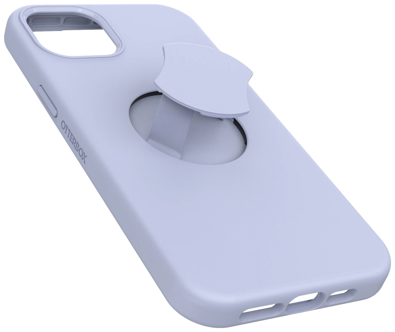 Niebieskie etui na smartfona z wysuniętym uchwytem. Na boku widoczny napis 'OTTERBOX'.