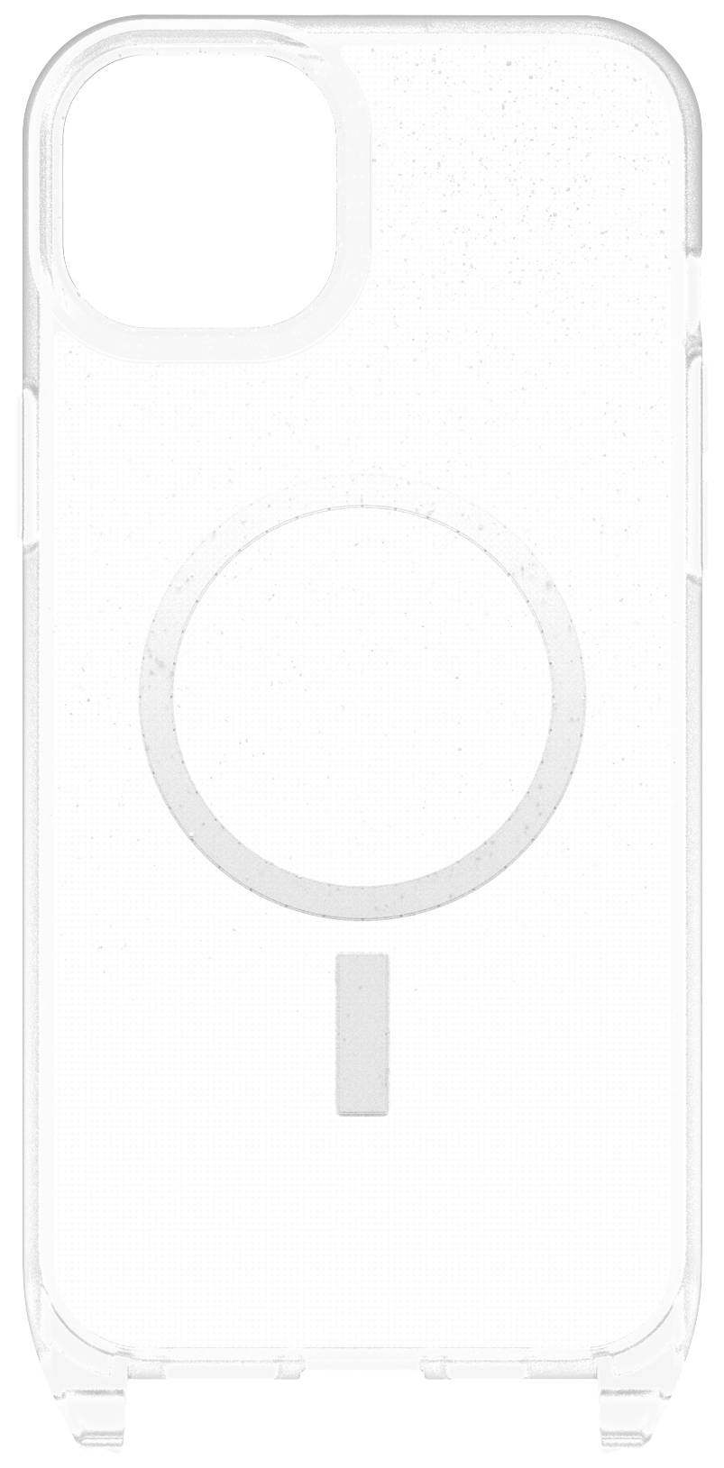 Przezroczyste etui na telefon z widocznym pierścieniem MagSafe pośrodku, kompatybilne z modelami iPhone.