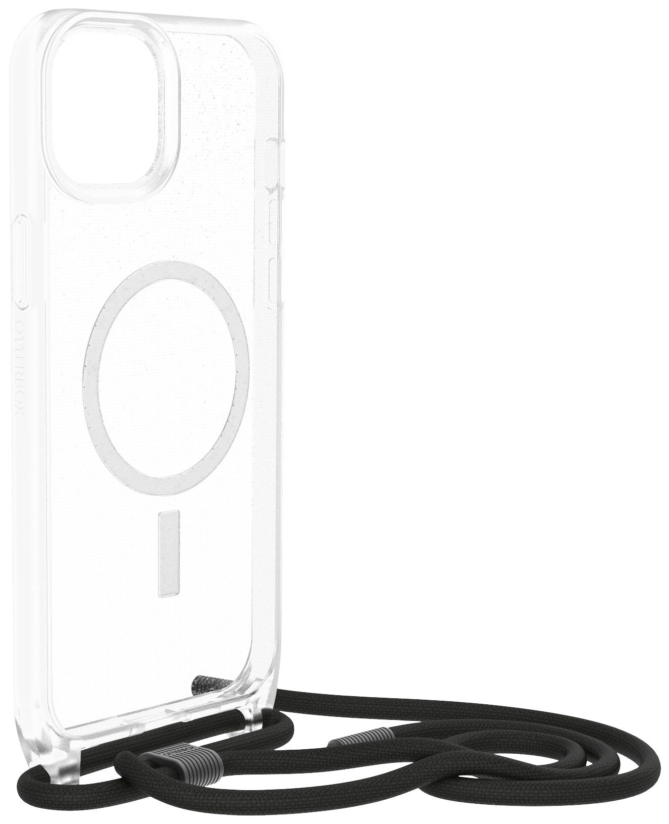 Przezroczyste etui na telefon z pierścieniem MagSafe i czarnym paskiem do zawieszenia.