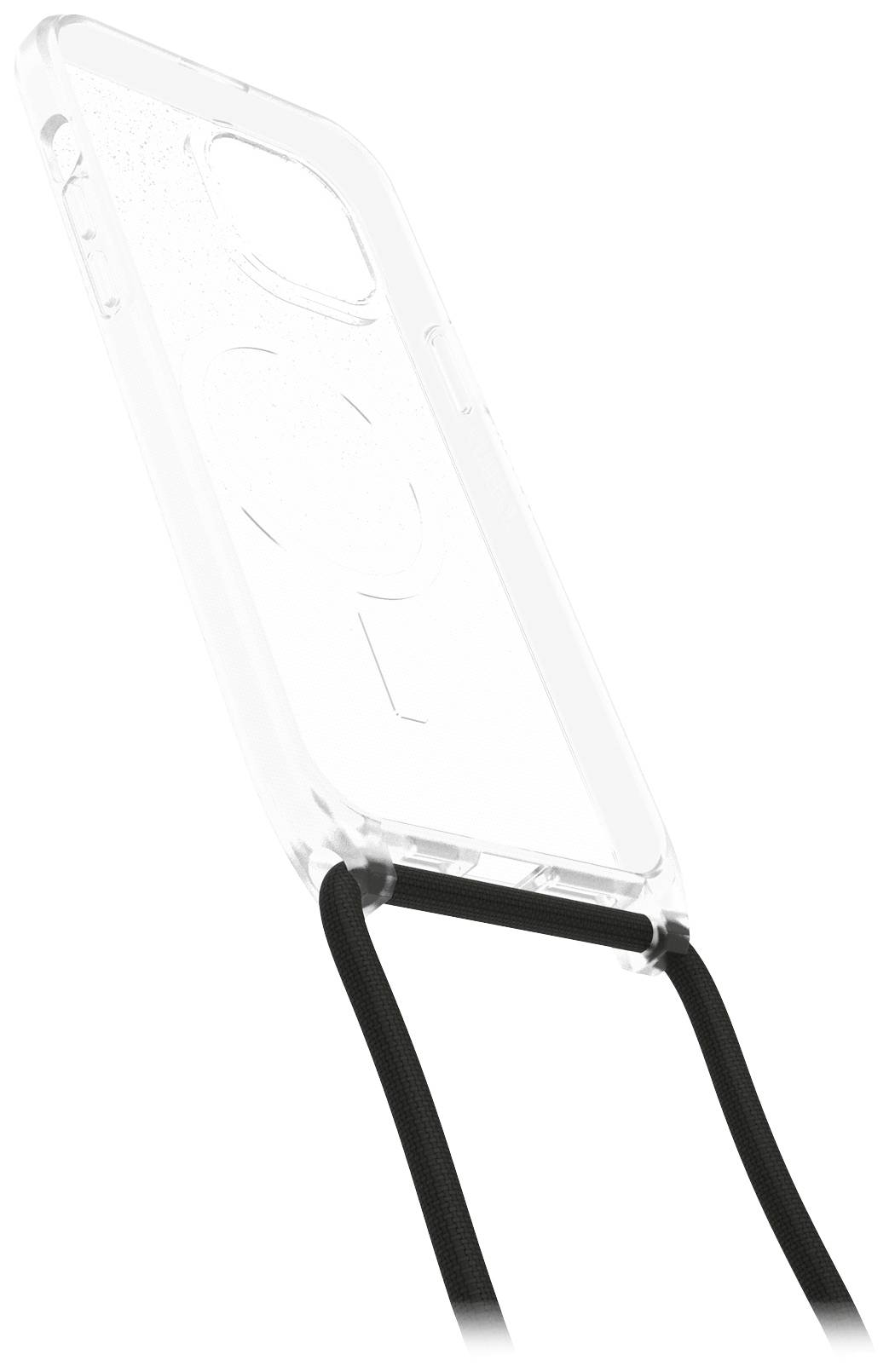 Przezroczyste etui na telefon z czarnym paskiem do noszenia, zaprojektowane dla wygodnego przenoszenia urządzenia.