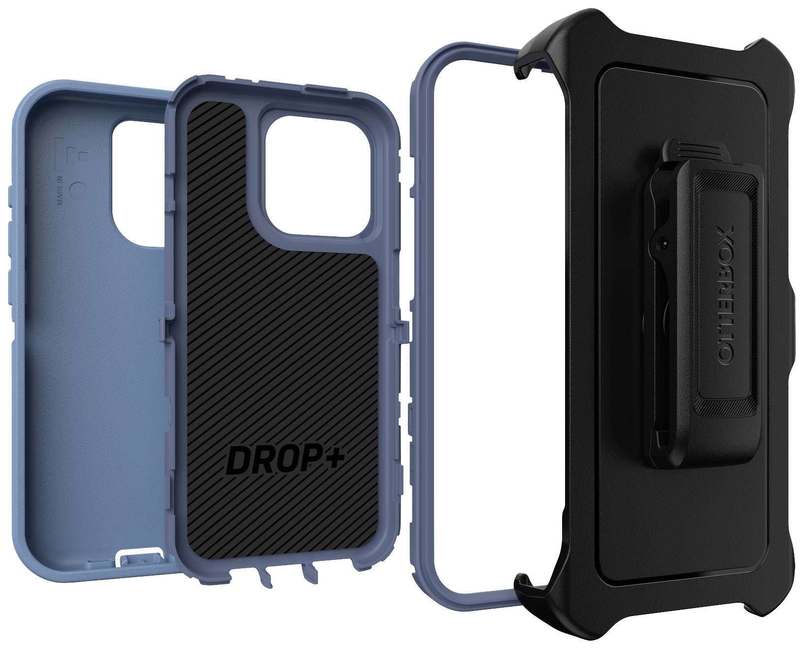 Etui ochronne do smartfona w kolorach niebieskim i czarnym, składające się z dwóch części. Obok po prawej stronie czarna pętla do paska.