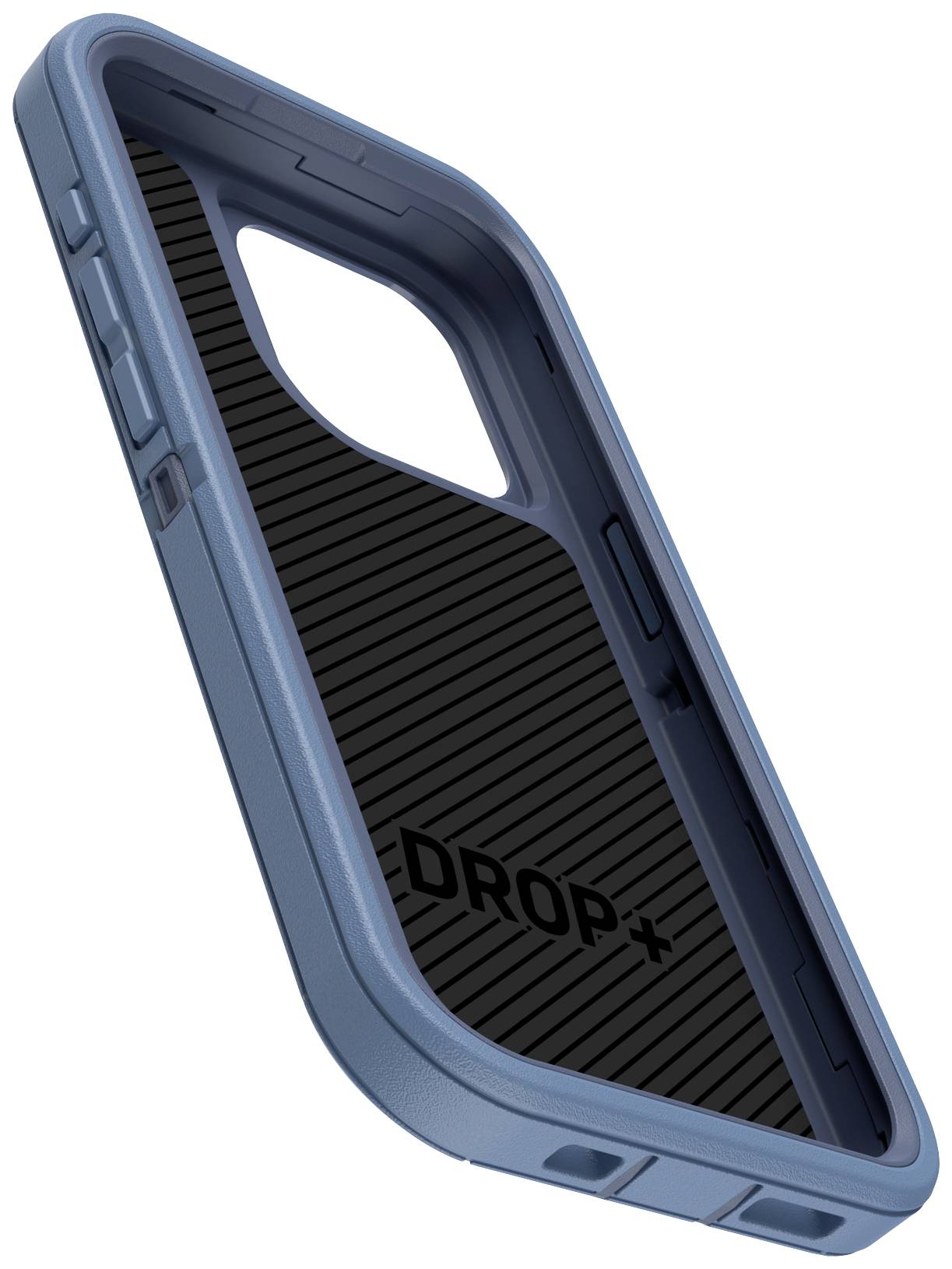 Niebieska obudowa telefonu z wytrzymałą ochroną. Na wewnętrznej stronie widnieje napis 'DROP+'. Odpowiednia dla prostokątnego modułu kamery.