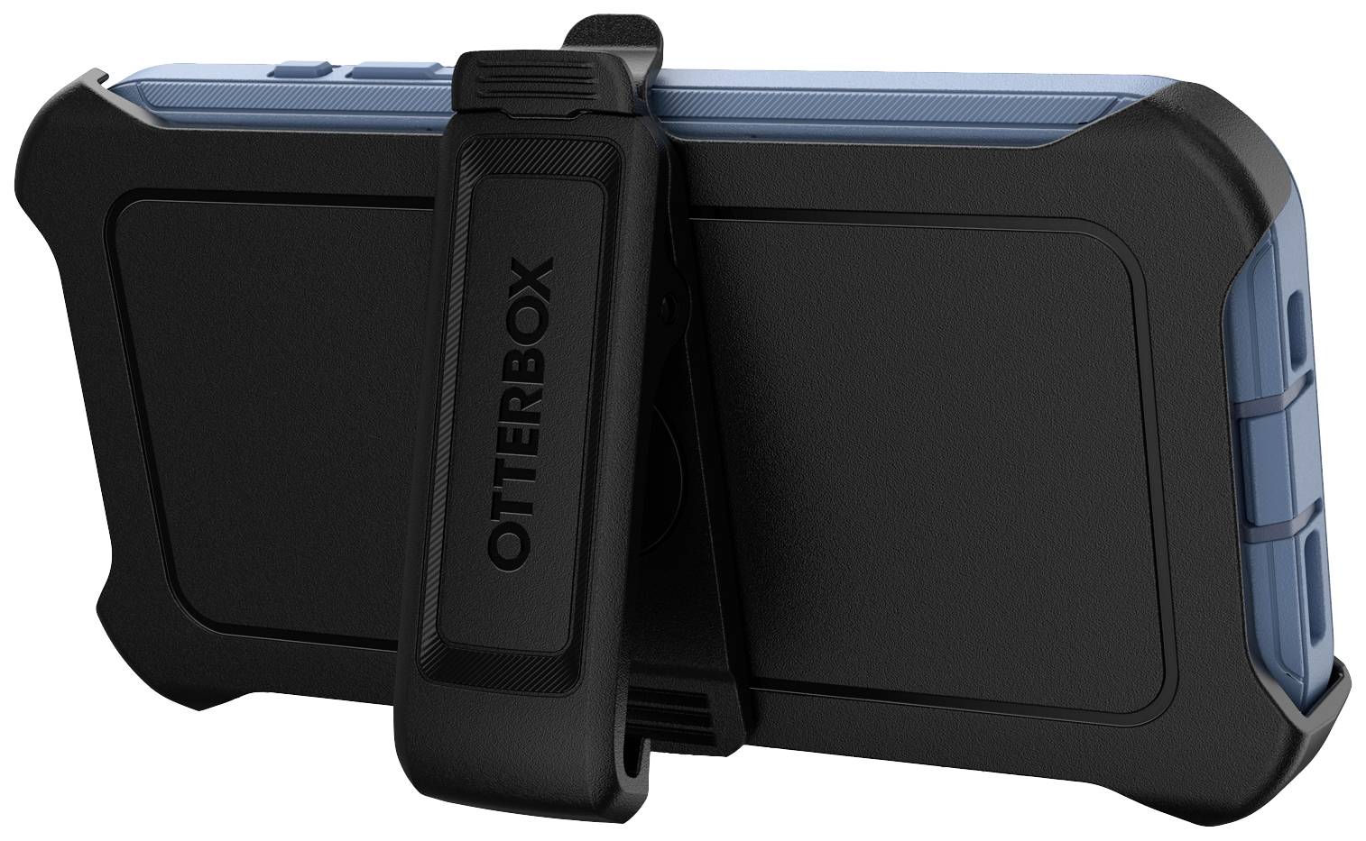 Czarne etui na telefon z niebiesko zaznaczonymi krawędziami i zintegrowanym klipsem mocującym, zapewnia solidną ochronę i stabilność.