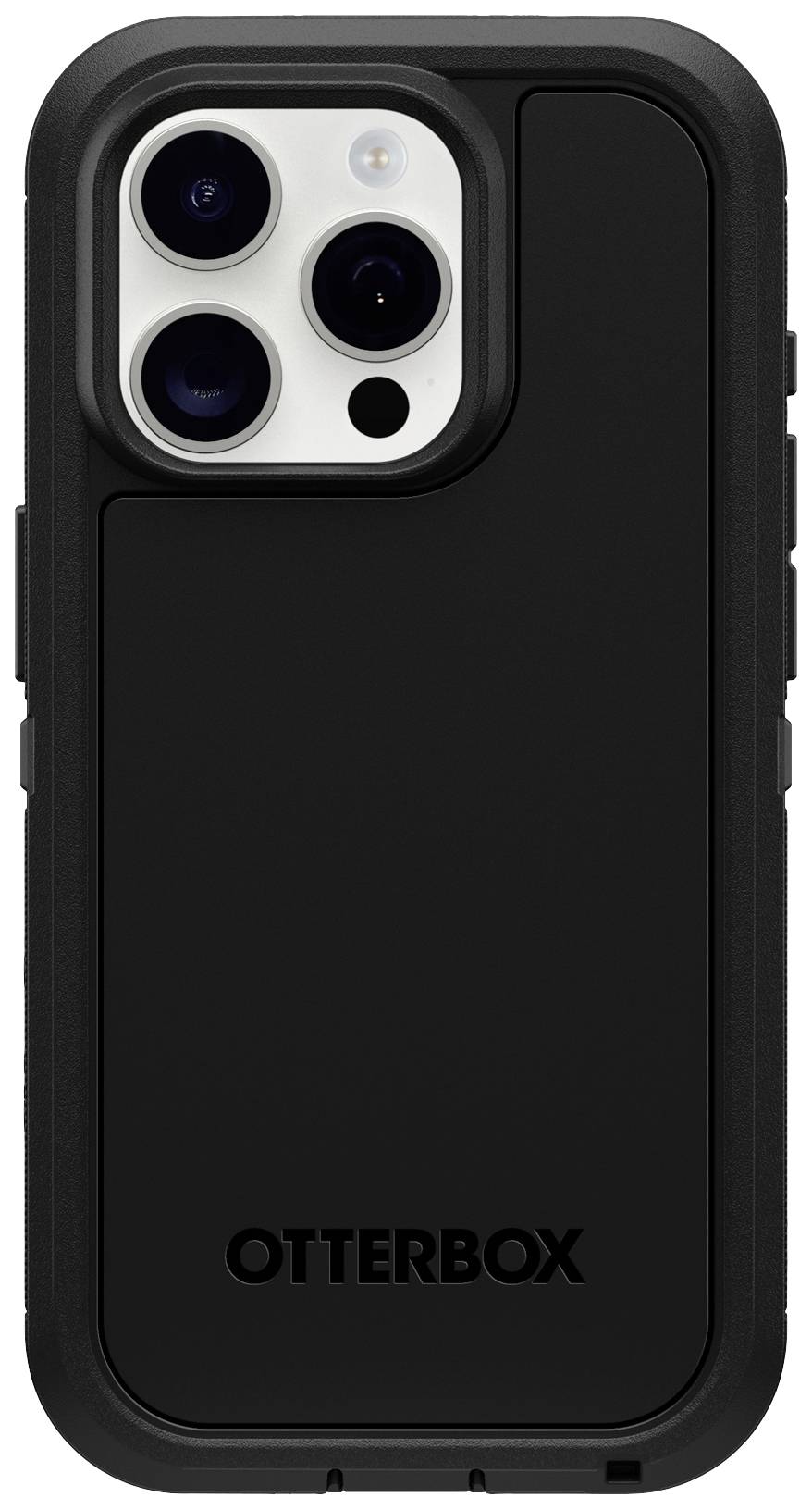 Czarne etui Otterbox na smartfona z trzema otworami na obiektywy aparatu w lewym górnym rogu.