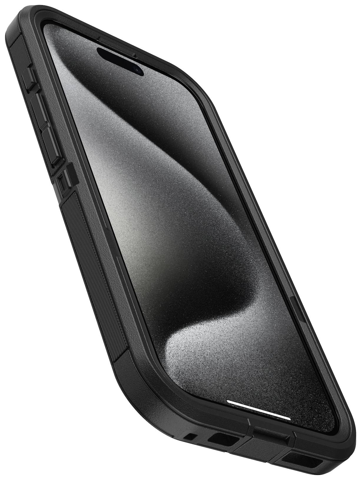 Smartfon z czarną, wytrzymałą obudową. Wyświetlacz prezentuje abstrakcyjny wzór w czerni i bieli.